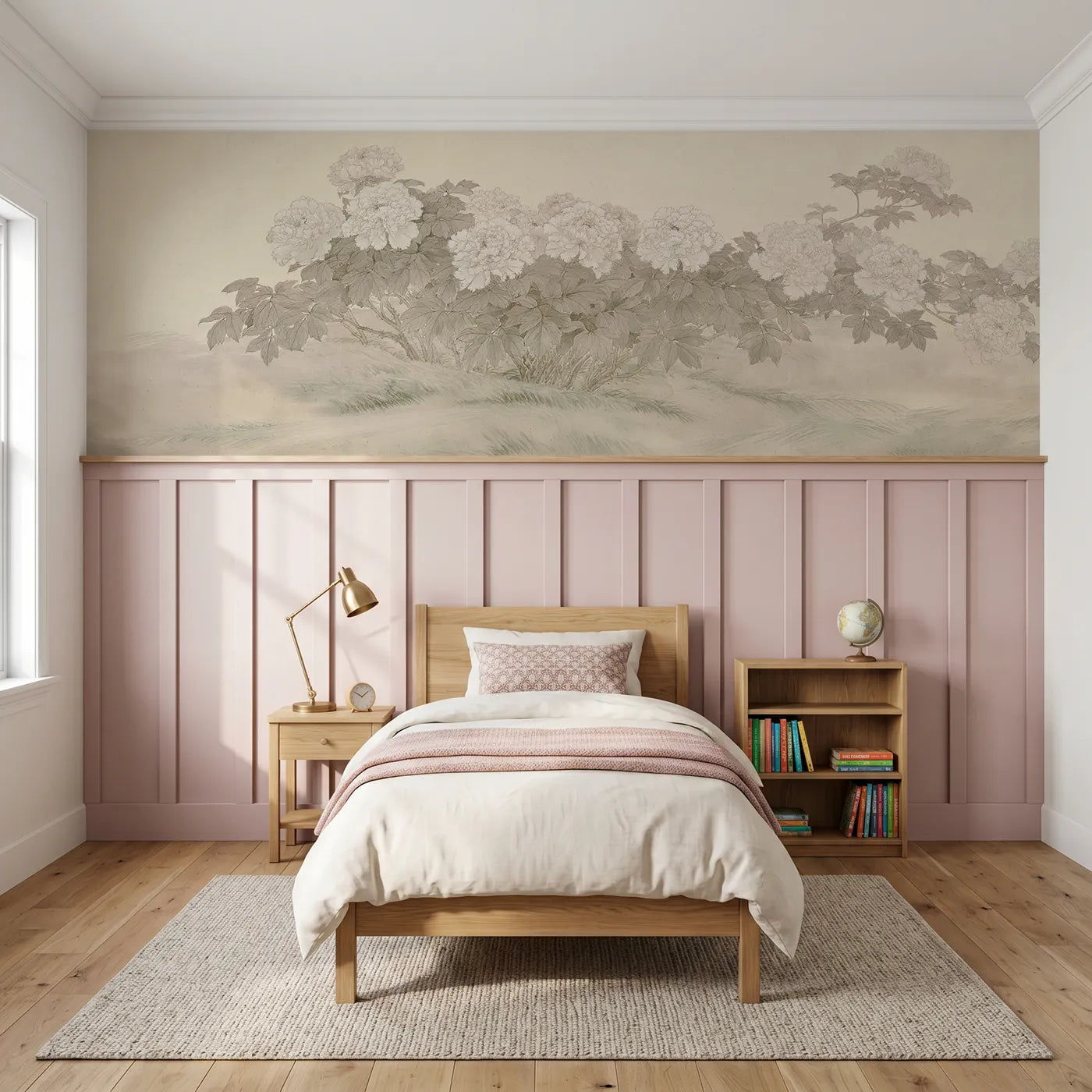 Chinoiserie wainscoting wallpaper of the peony court by Whimsy Tots