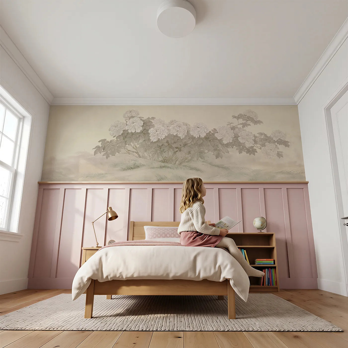 Child reading near The Peony Court Wainscoting Wallpaper by Whimsy Tots