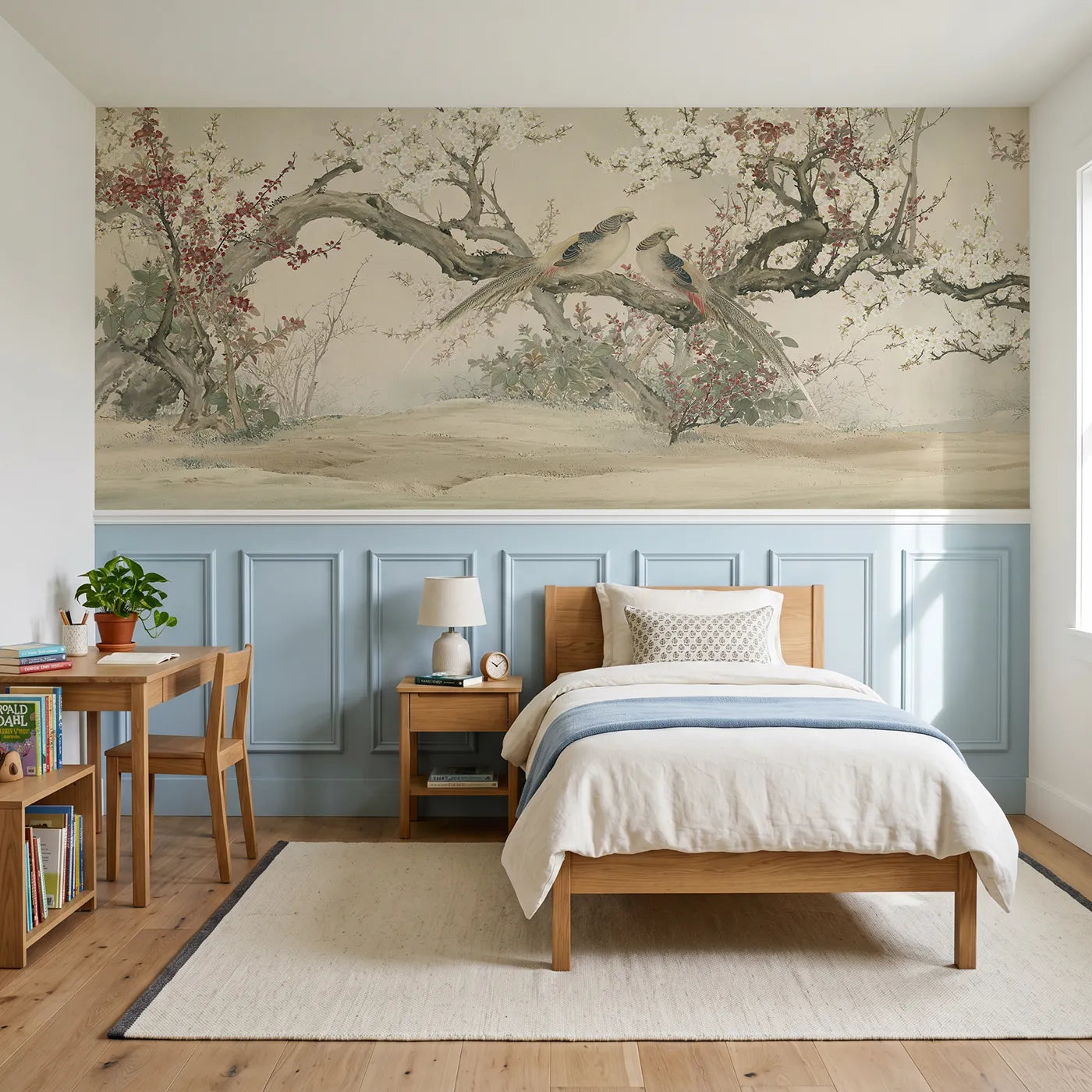 Chinoiserie wainscoting wallpaper of the golden pheasant pair by Whimsy Tots
