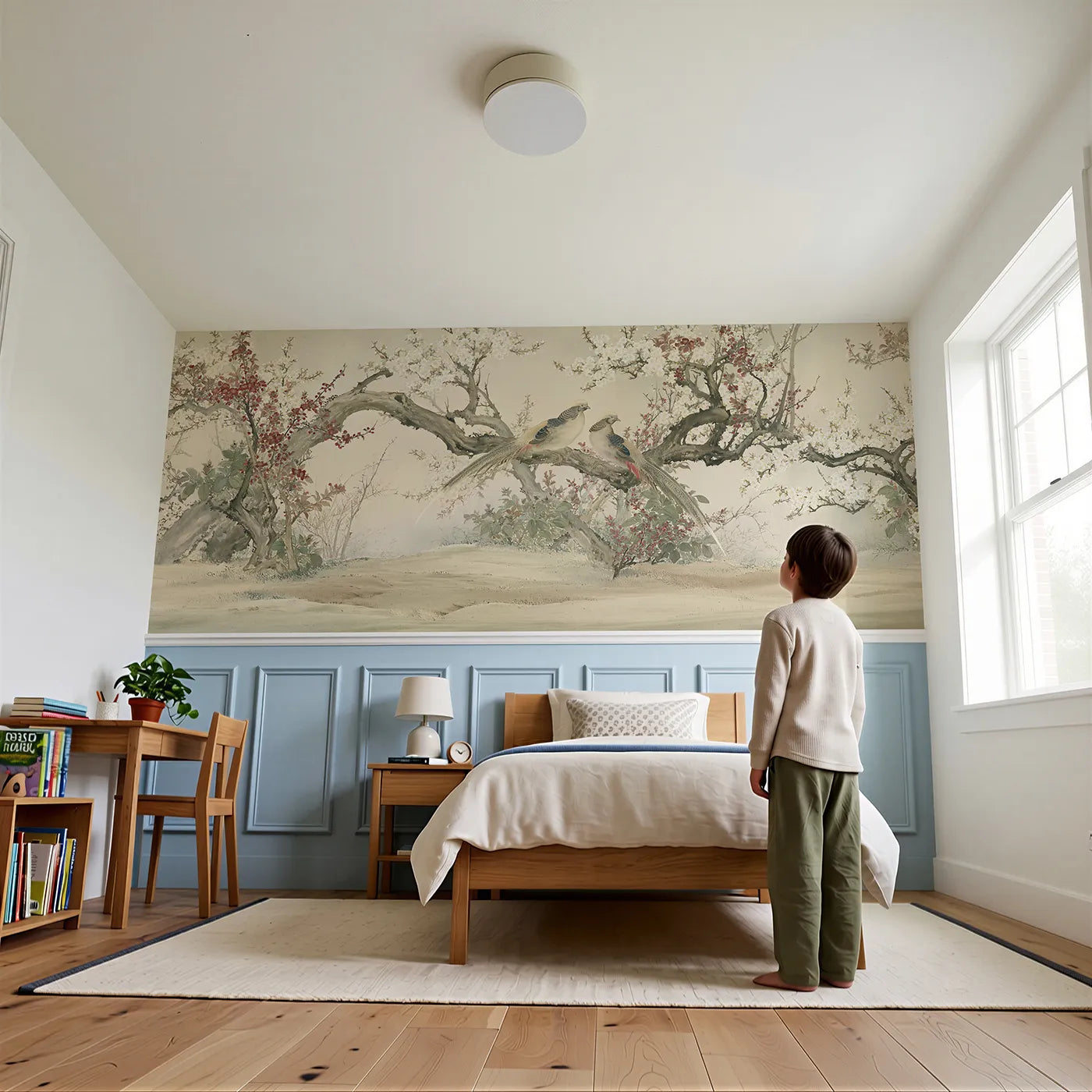 Child reading near Golden Pheasant Pair Wainscoting Wallpaper by Whimsy Tots