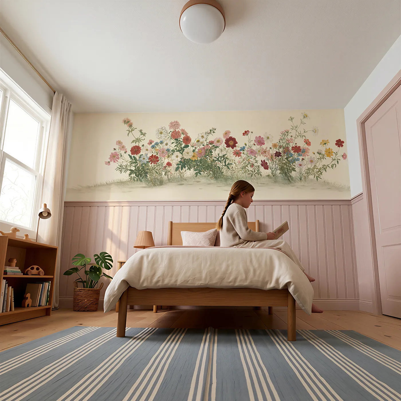 Child reading near The Hundred Blossoms Wainscoting Wallpaper by Whimsy Tots
