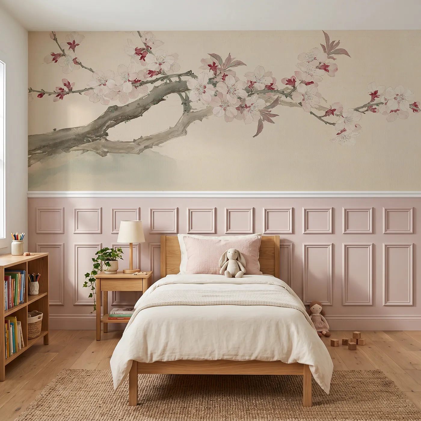 Chinoiserie wainscoting wallpaper of flowering almond after rain by Whimsy Tots