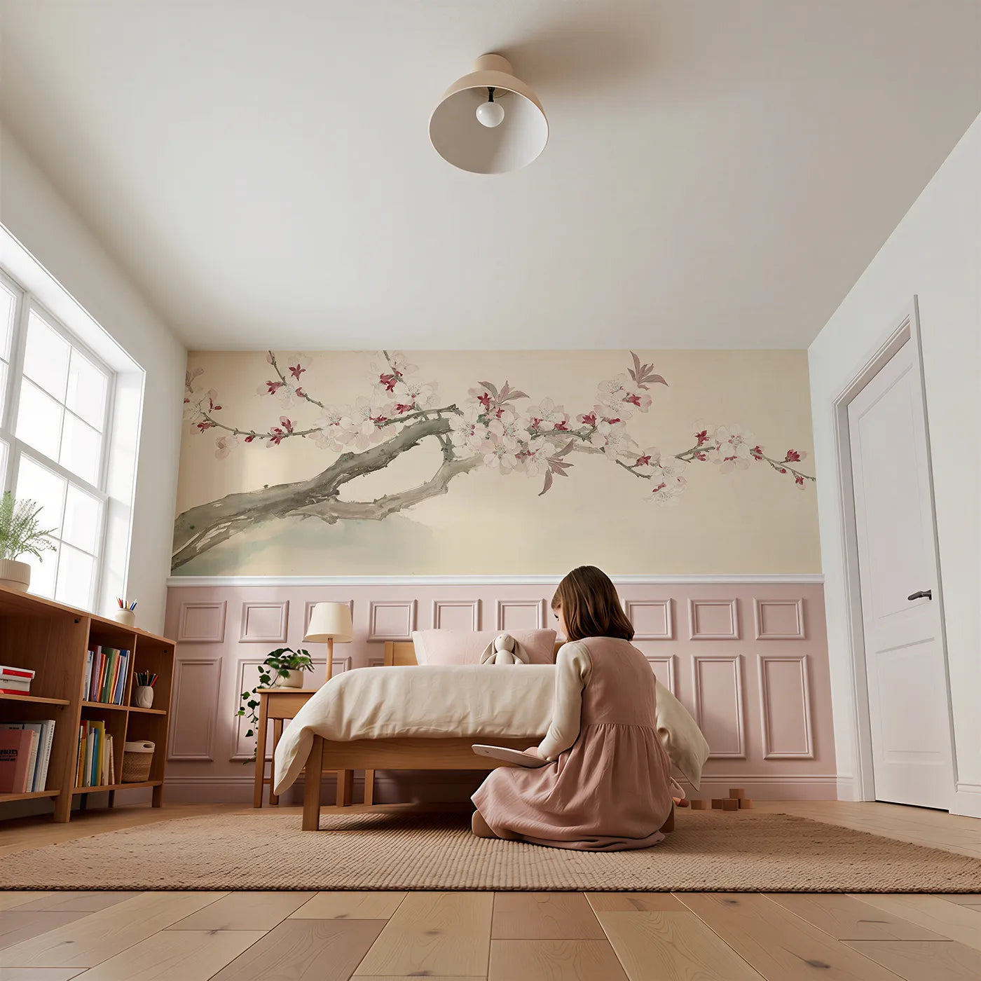 Child reading near Flowering Almond After Rain Wainscoting Wallpaper by Whimsy Tots