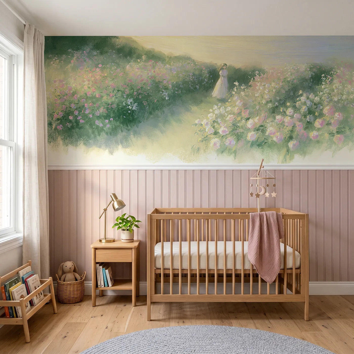 Soft pastel wainscoting wallpaper of walking the rose path by Whimsy Tots