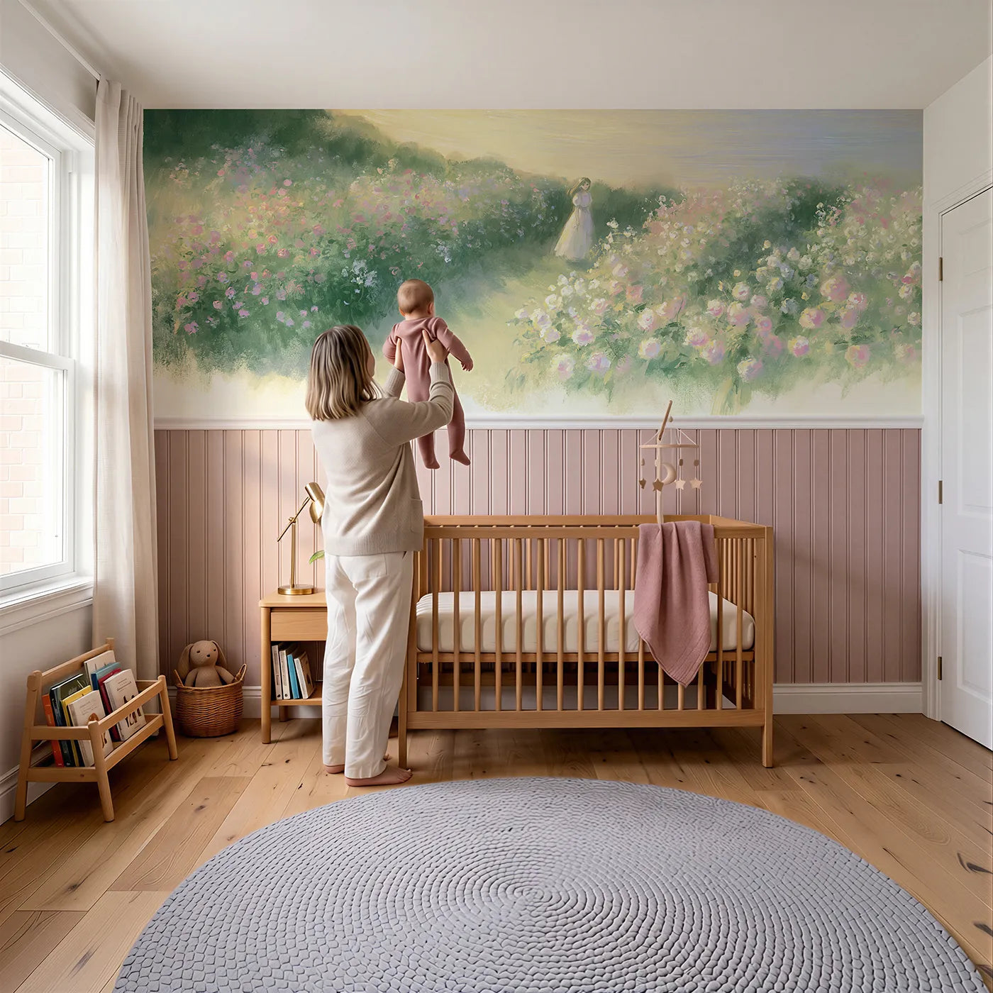 Child reading near Walking The Rose Path Wainscoting Wallpaper by Whimsy Tots