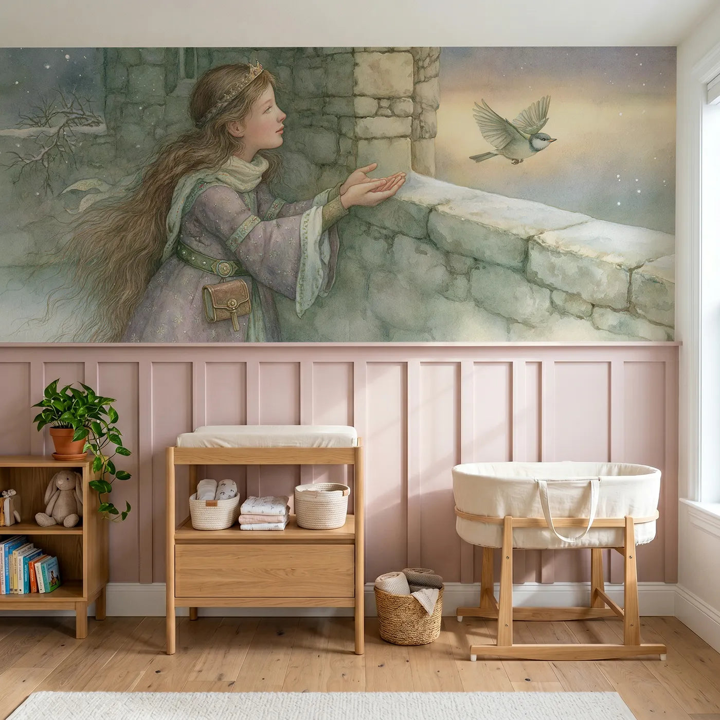 Storybook wainscoting wallpaper of releasing the little bird by Whimsy Tots