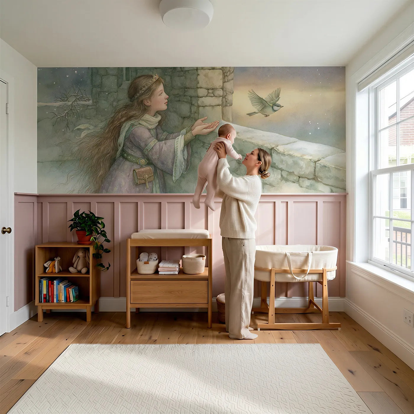 Child reading near Releasing The Little Bird Wainscoting Wallpaper by Whimsy Tots