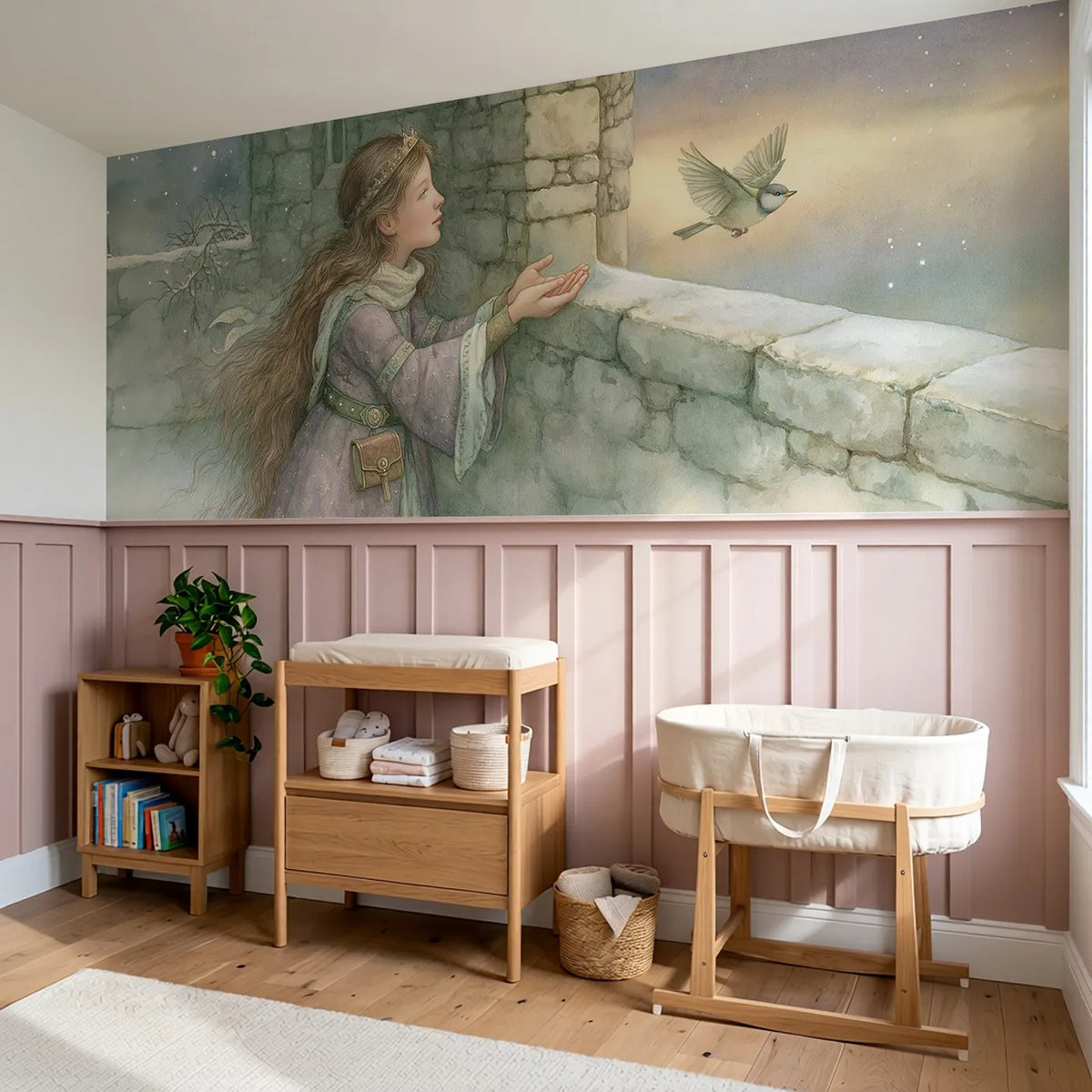 Releasing The Little Bird Wainscoting Wallpaper styled in a kids room by Whimsy Tots