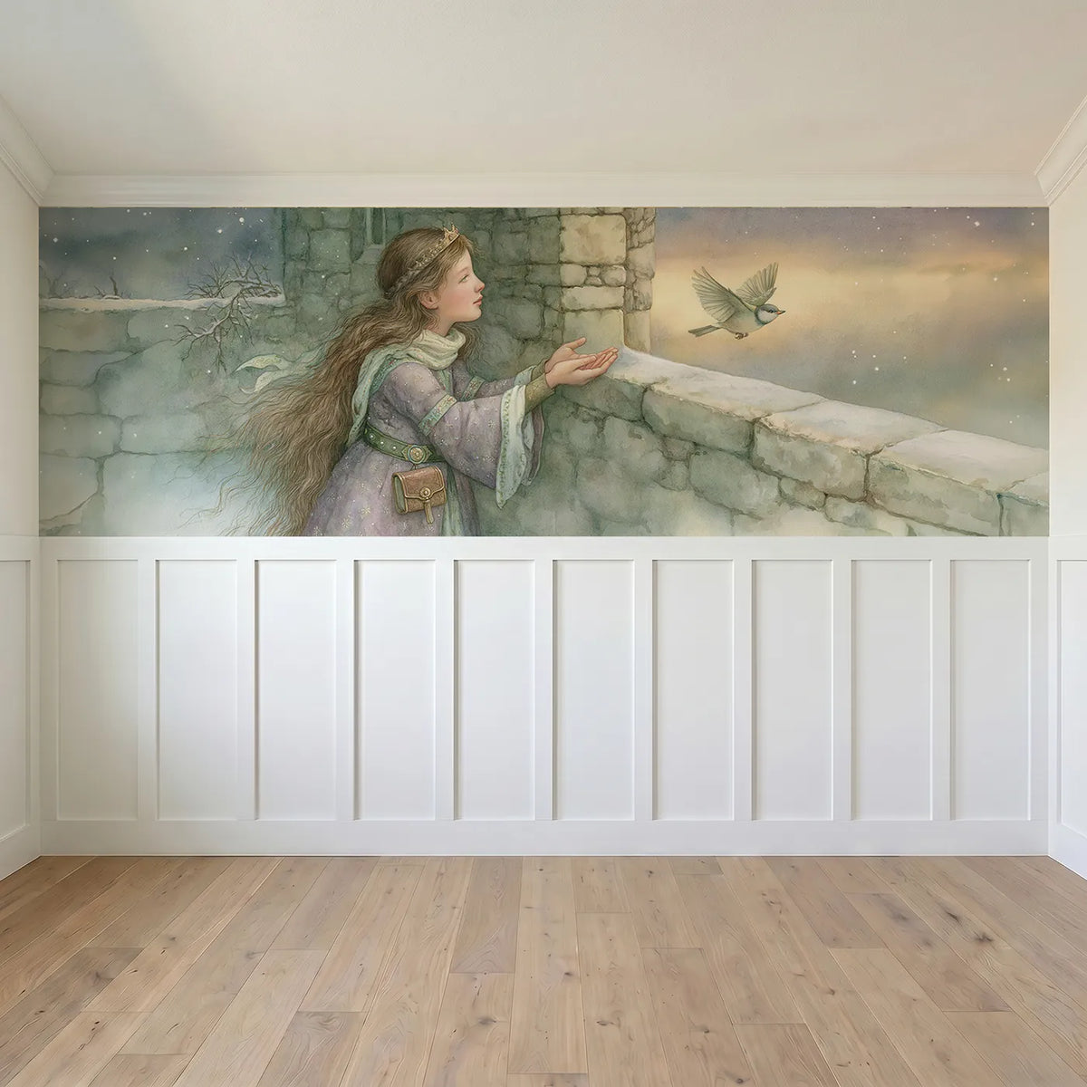 Full panel view of Releasing The Little Bird Wainscoting Wallpaper by Whimsy Tots