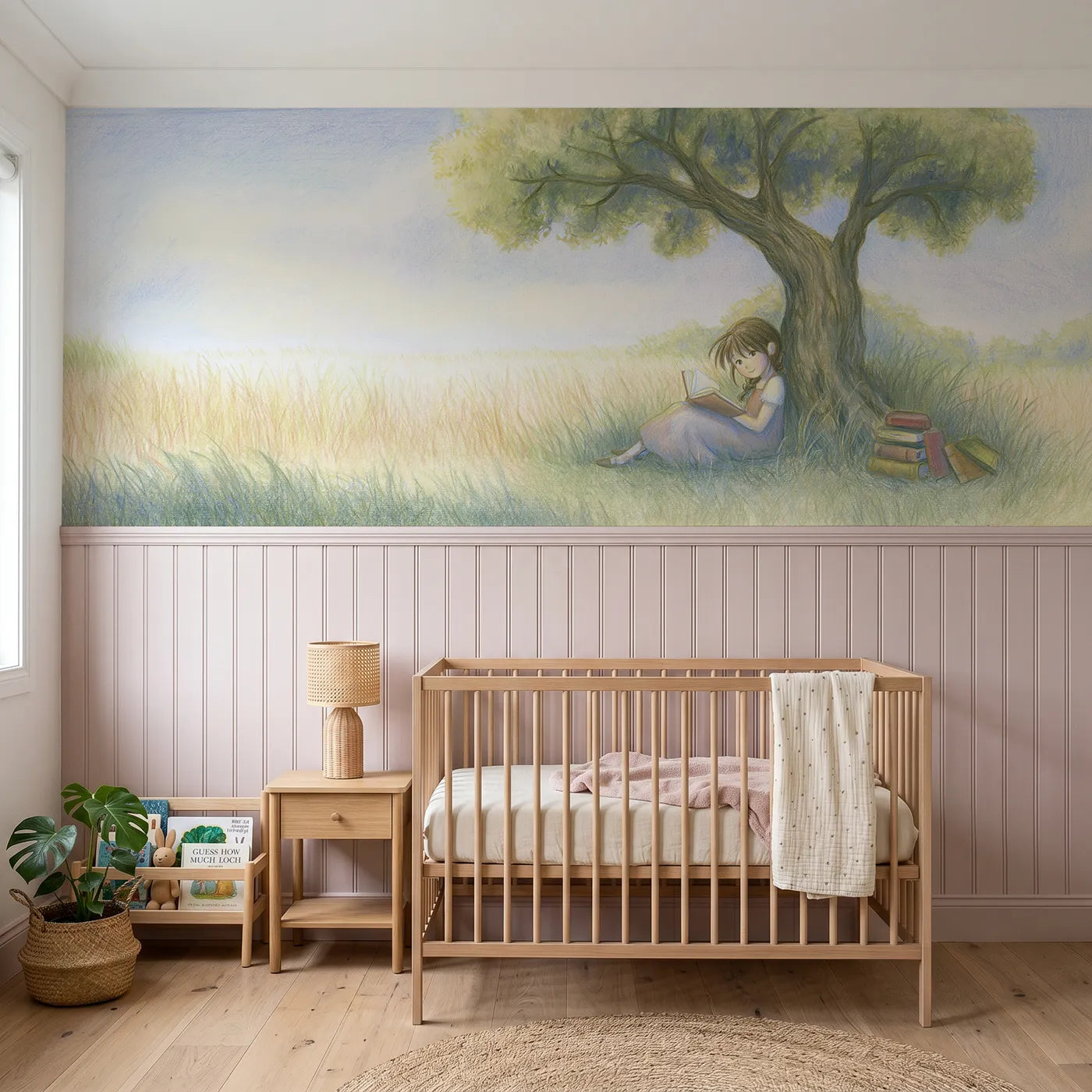 Colored pencil wainscoting wallpaper of reading under the tree by Whimsy Tots