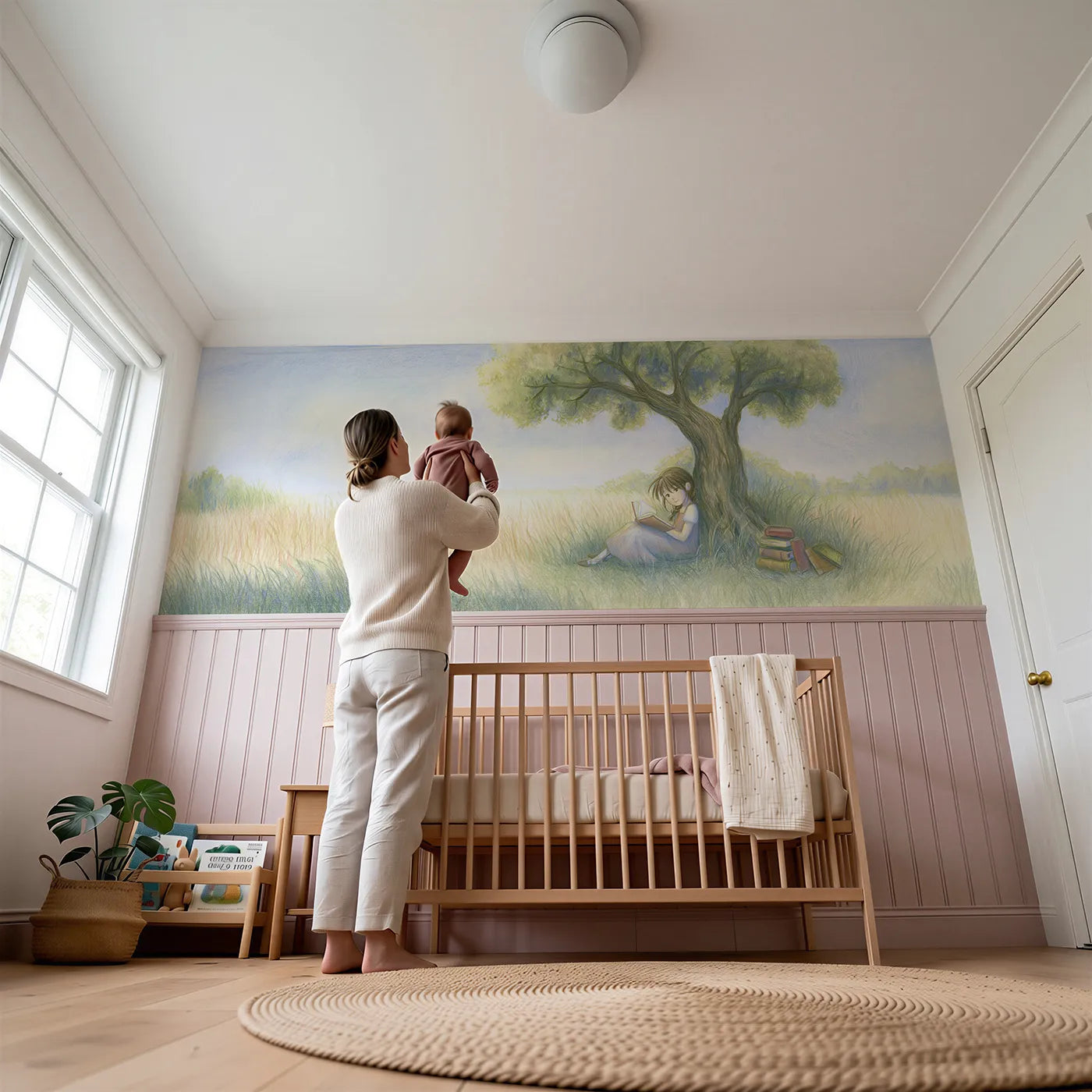 Child reading near Reading Under The Tree Wainscoting Wallpaper by Whimsy Tots