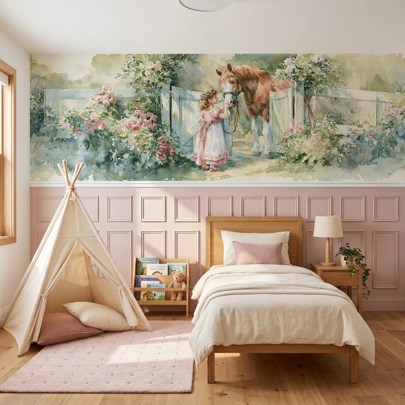 Watercolor wainscoting wallpaper of the pony at the gate by Whimsy Tots