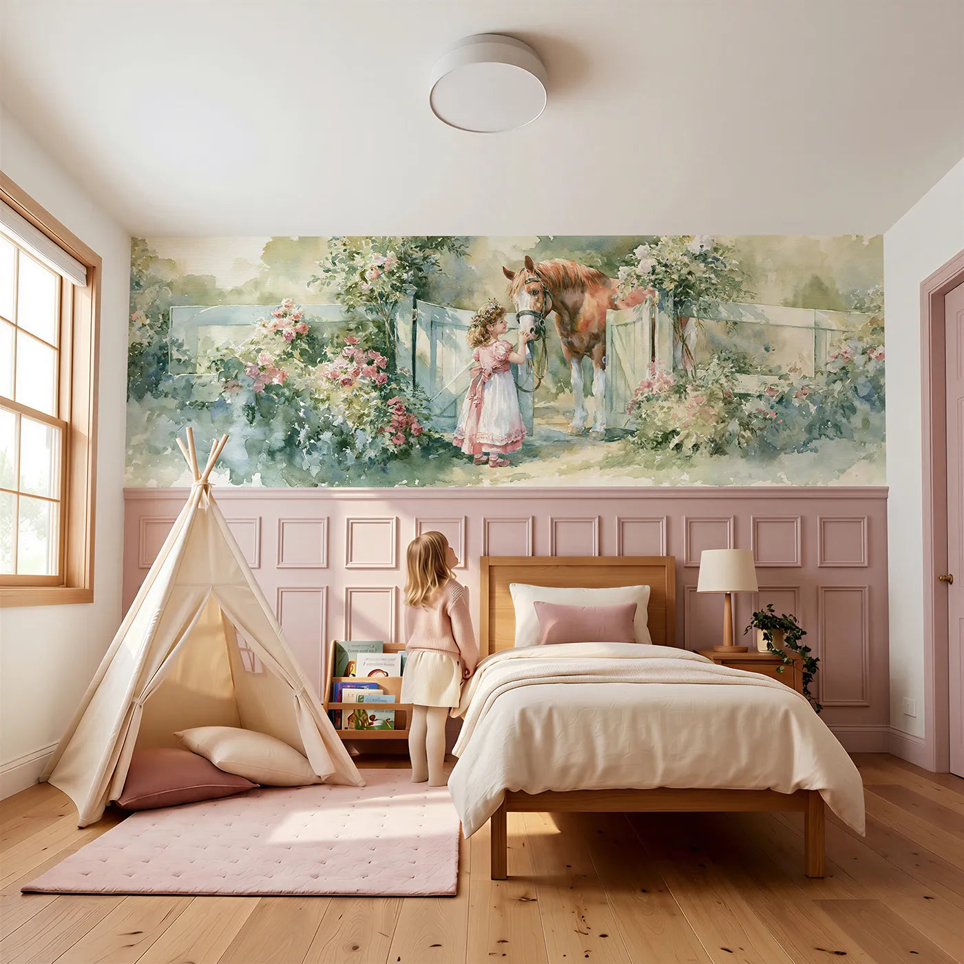 Child reading near The Pony At The Gate Wainscoting Wallpaper by Whimsy Tots
