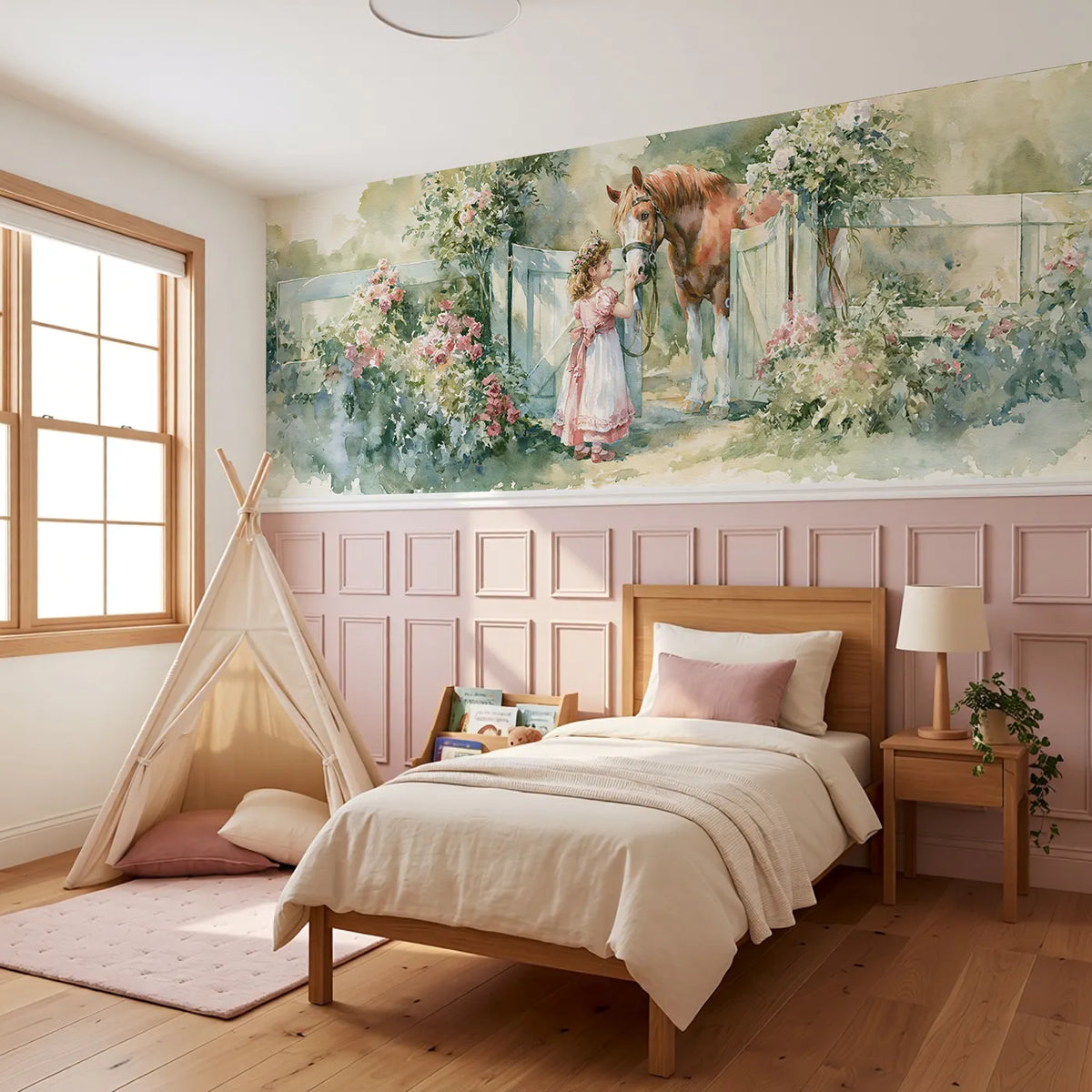 The Pony At The Gate Wainscoting Wallpaper styled in a kids room by Whimsy Tots