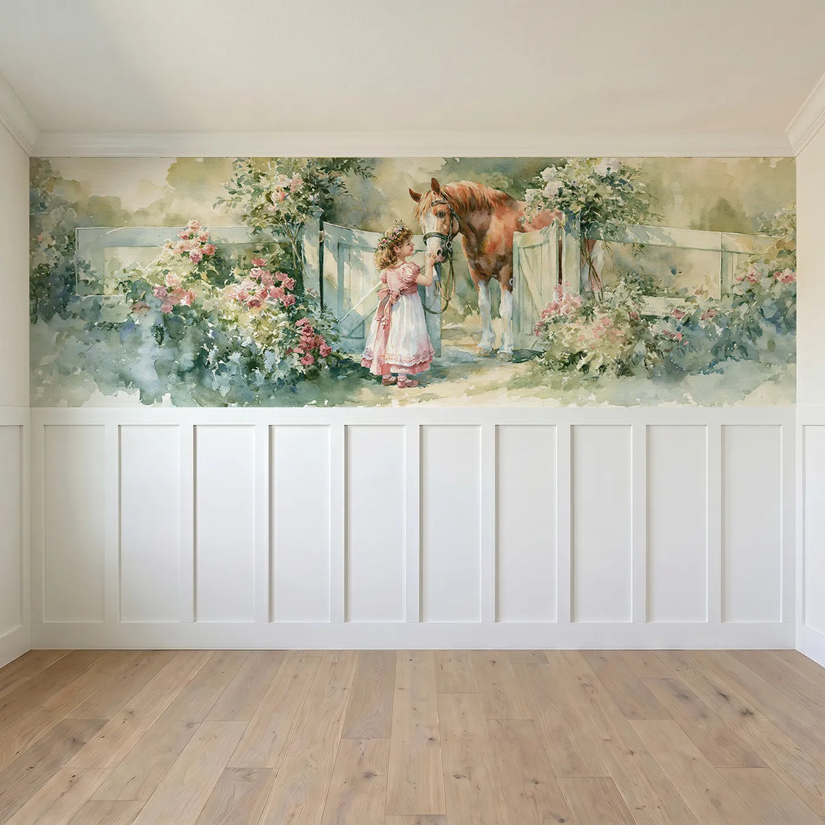 Full panel view of The Pony At The Gate Wainscoting Wallpaper by Whimsy Tots
