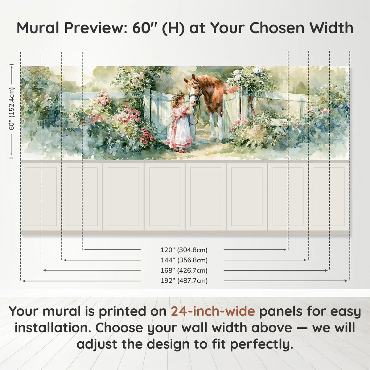 Panel dimensions for The Pony At The Gate Wainscoting Wallpaper by Whimsy Tots