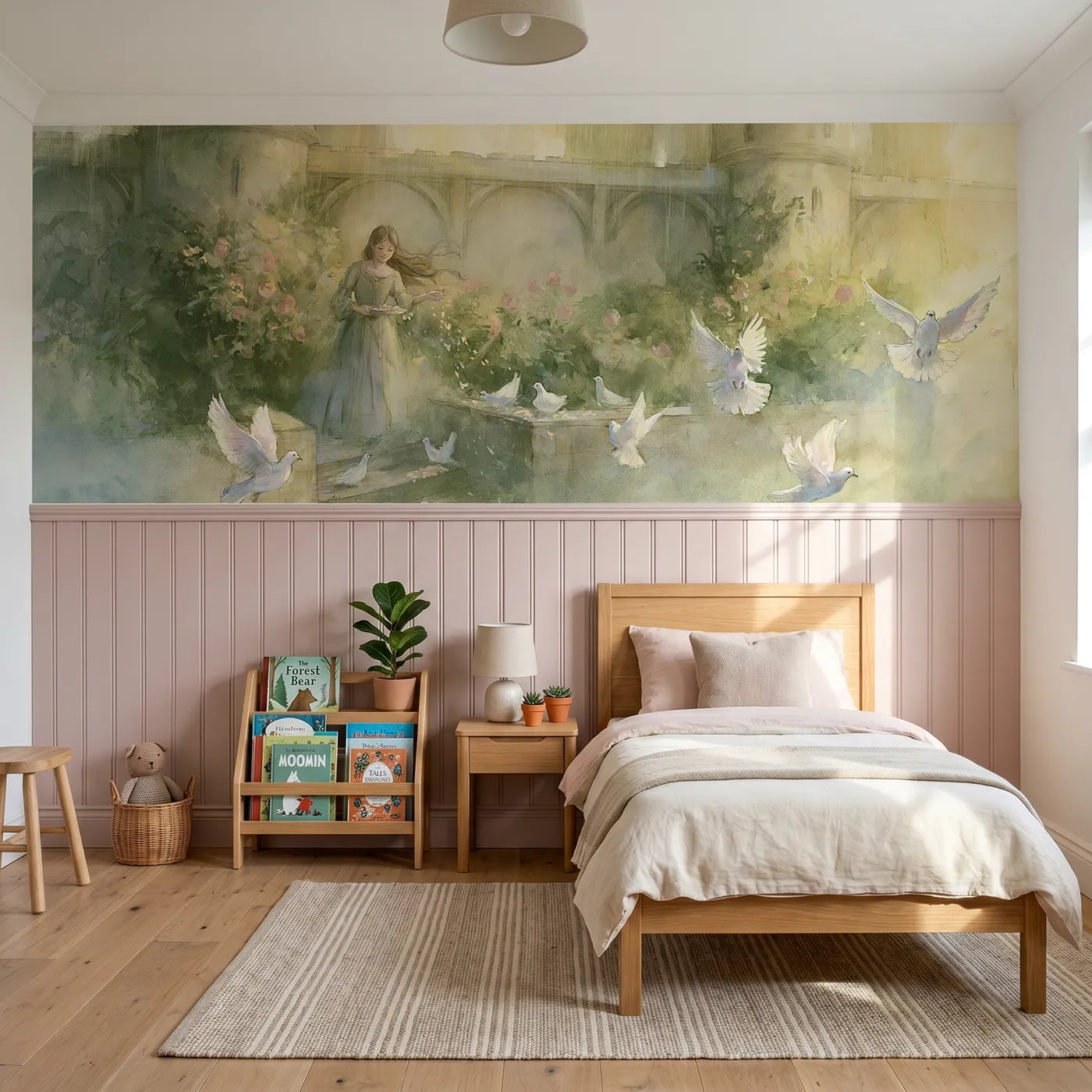 Watercolor wainscoting wallpaper of feeding the doves by Whimsy Tots