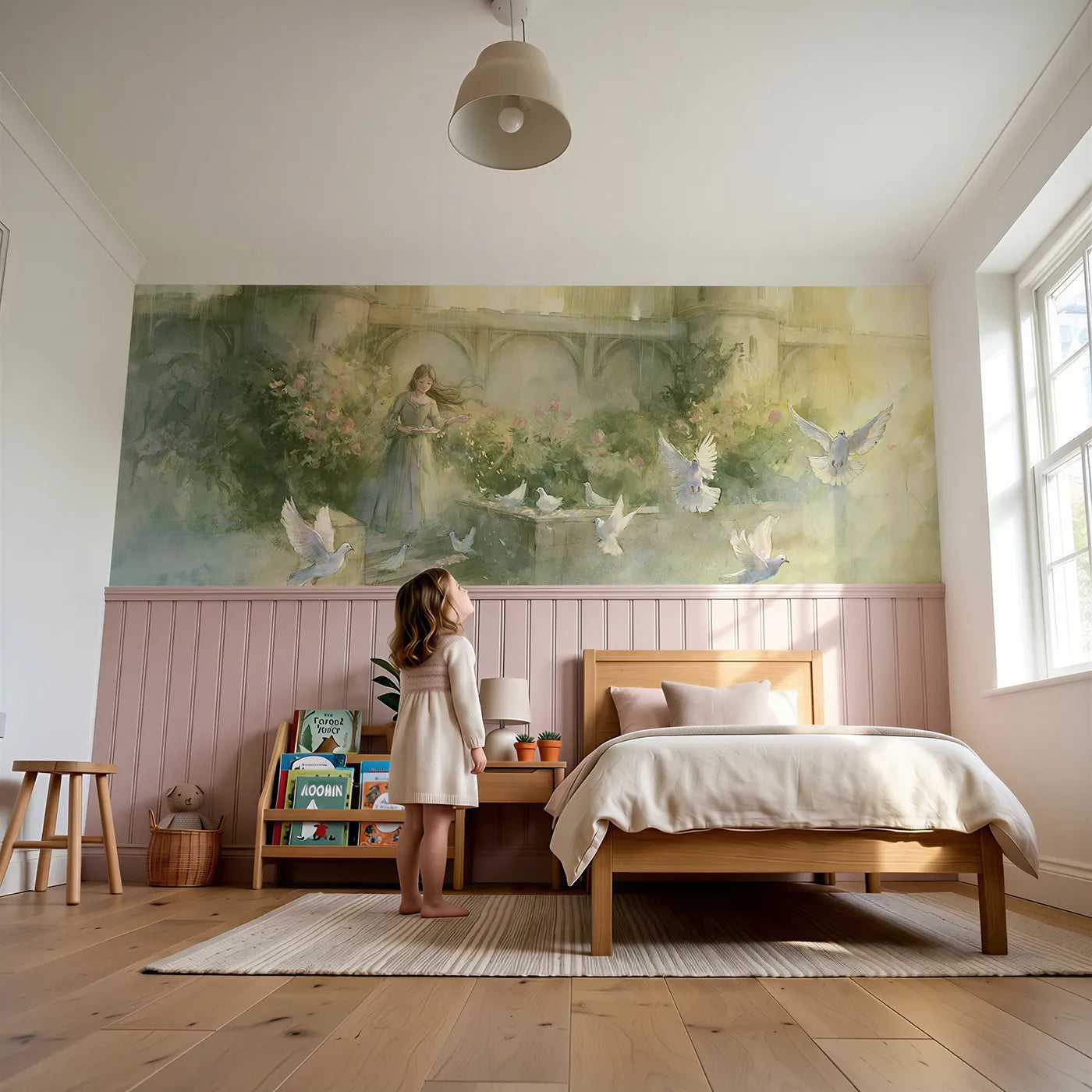 Child reading near Feeding The Doves Wainscoting Wallpaper by Whimsy Tots