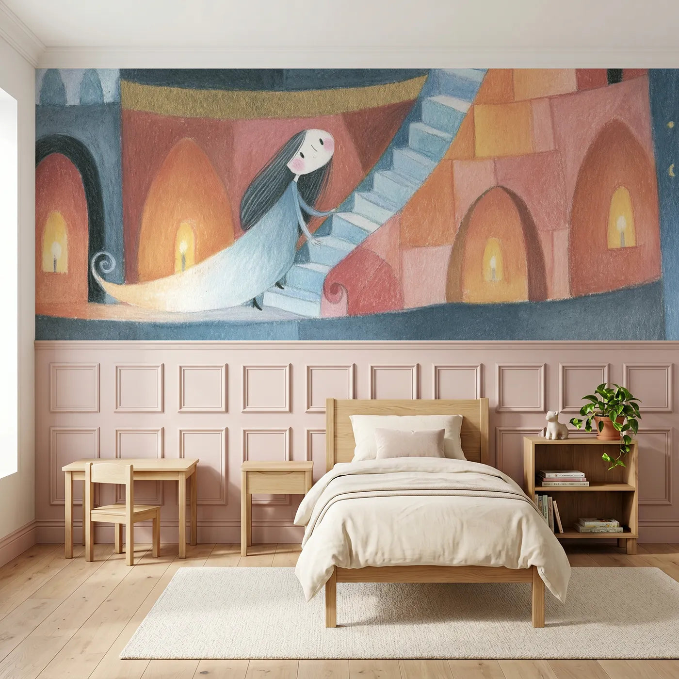 Colored pencil wainscoting wallpaper of the long dress on the stair by Whimsy Tots