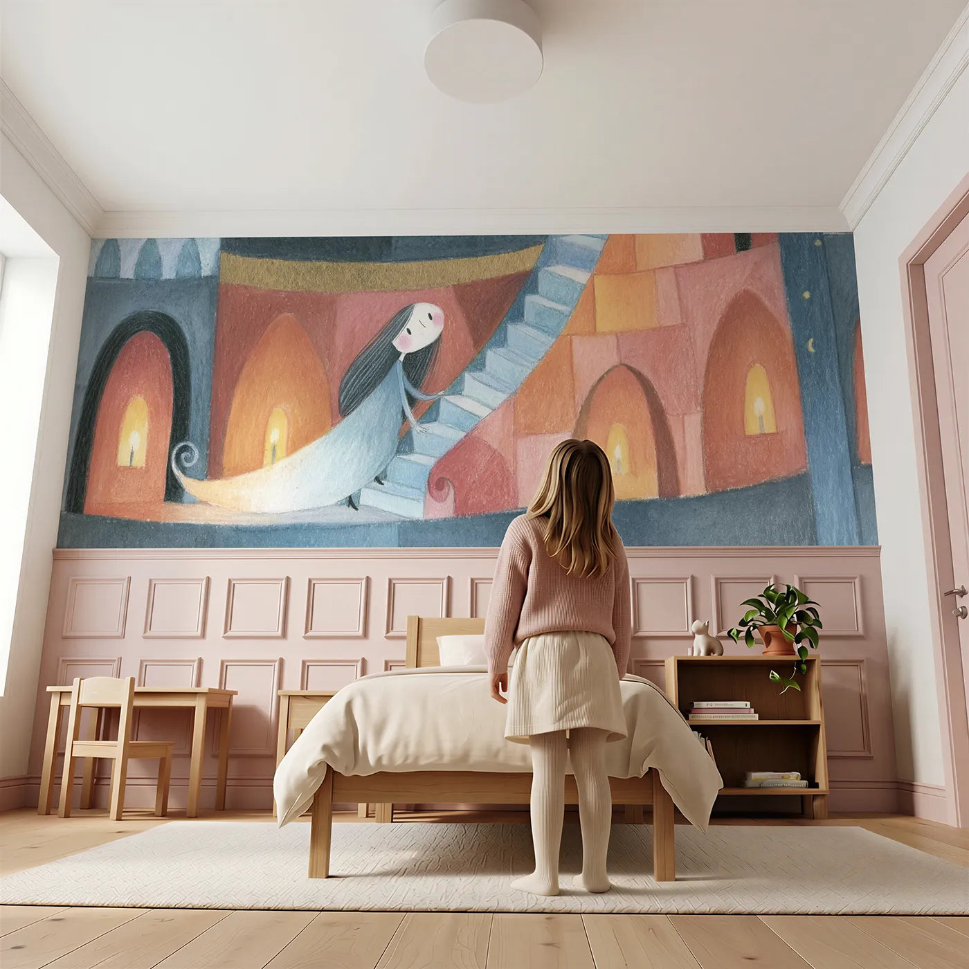 Child reading near Long Dress On The Stair Wainscoting Wallpaper by Whimsy Tots