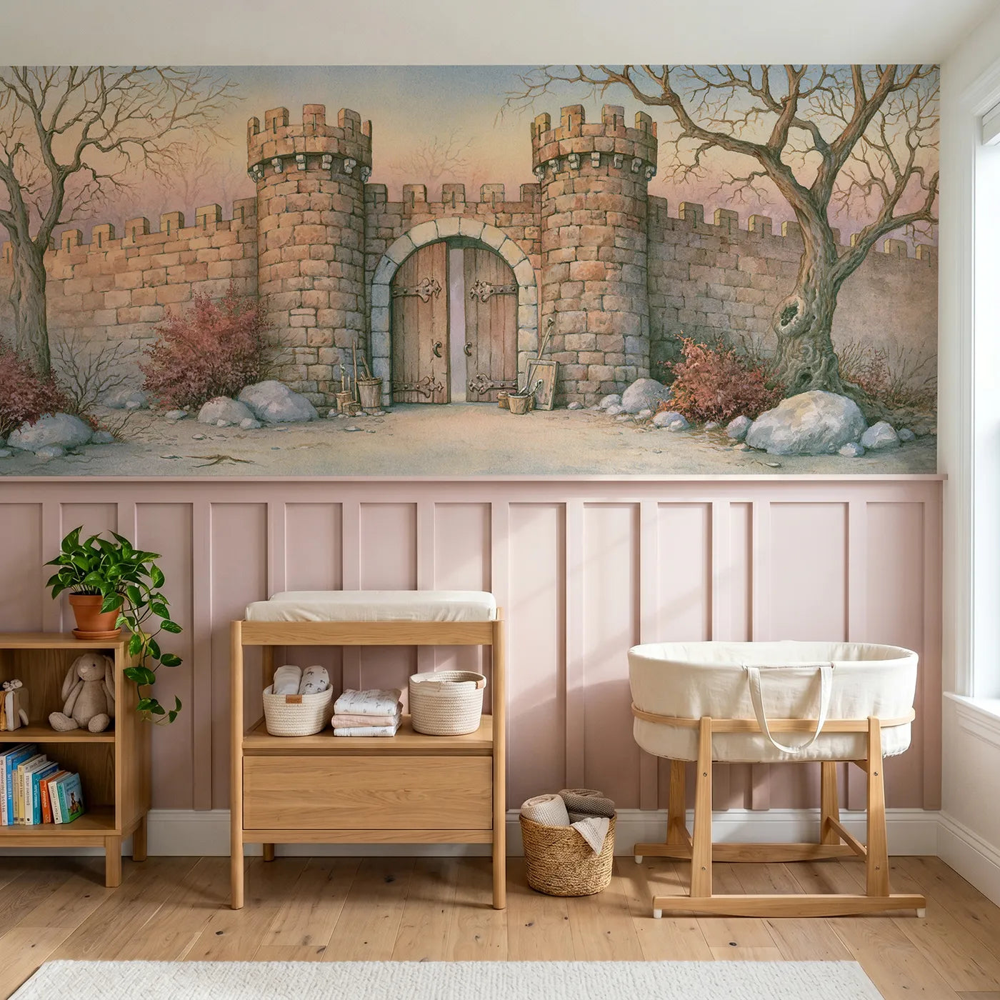 Storybook wainscoting wallpaper of the open welcoming gate by Whimsy Tots