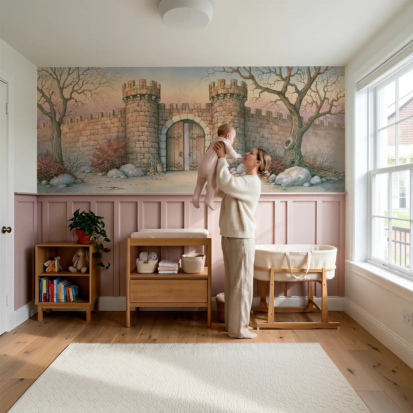 Child reading near The Open Welcoming Gate Wainscoting Wallpaper by Whimsy Tots