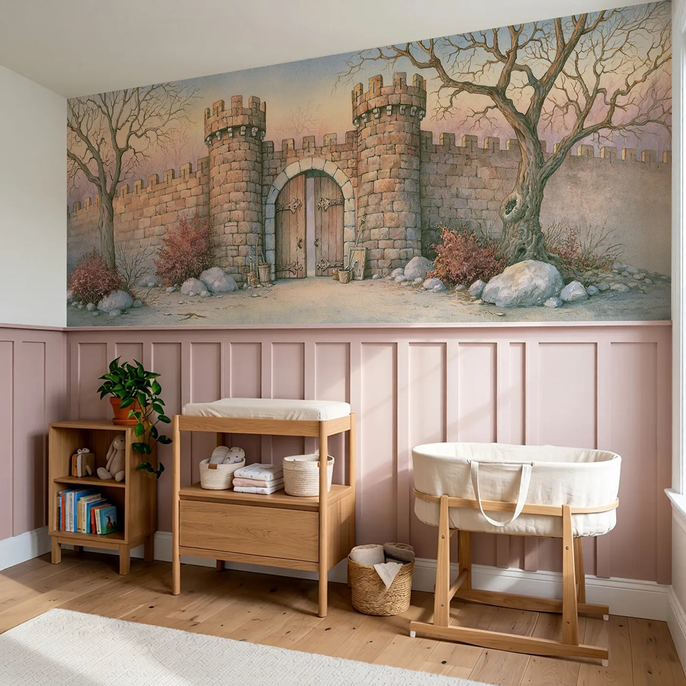 The Open Welcoming Gate Wainscoting Wallpaper styled in a kids room by Whimsy Tots