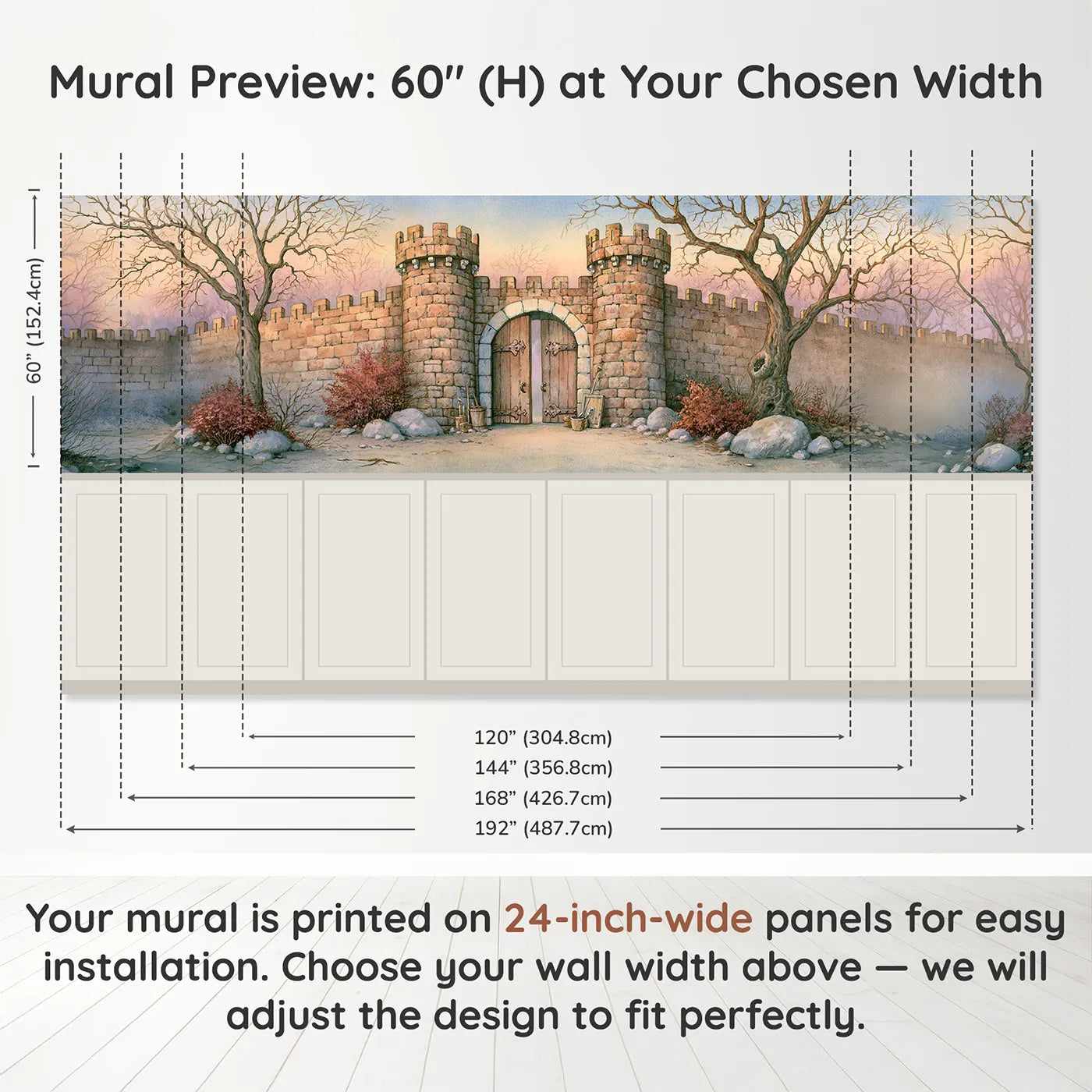 Panel dimensions for The Open Welcoming Gate Wainscoting Wallpaper by Whimsy Tots