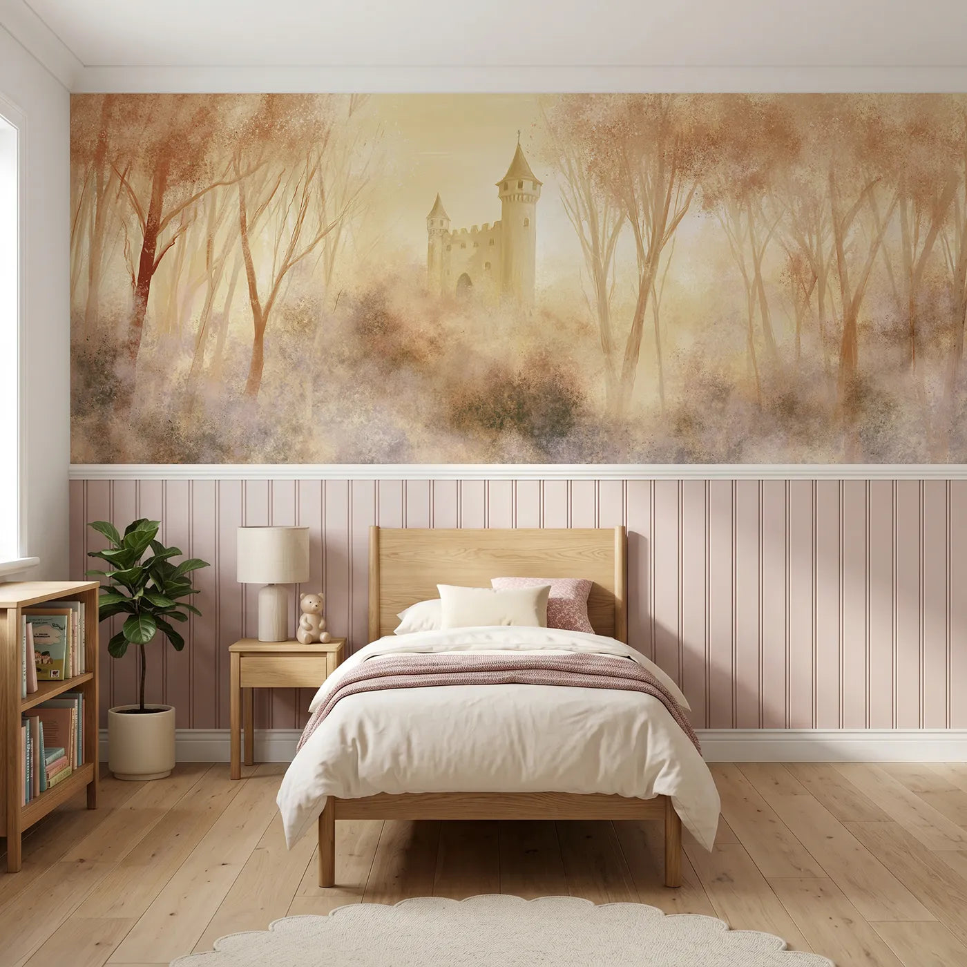 Watercolor wainscoting wallpaper of the castle in the wood by Whimsy Tots
