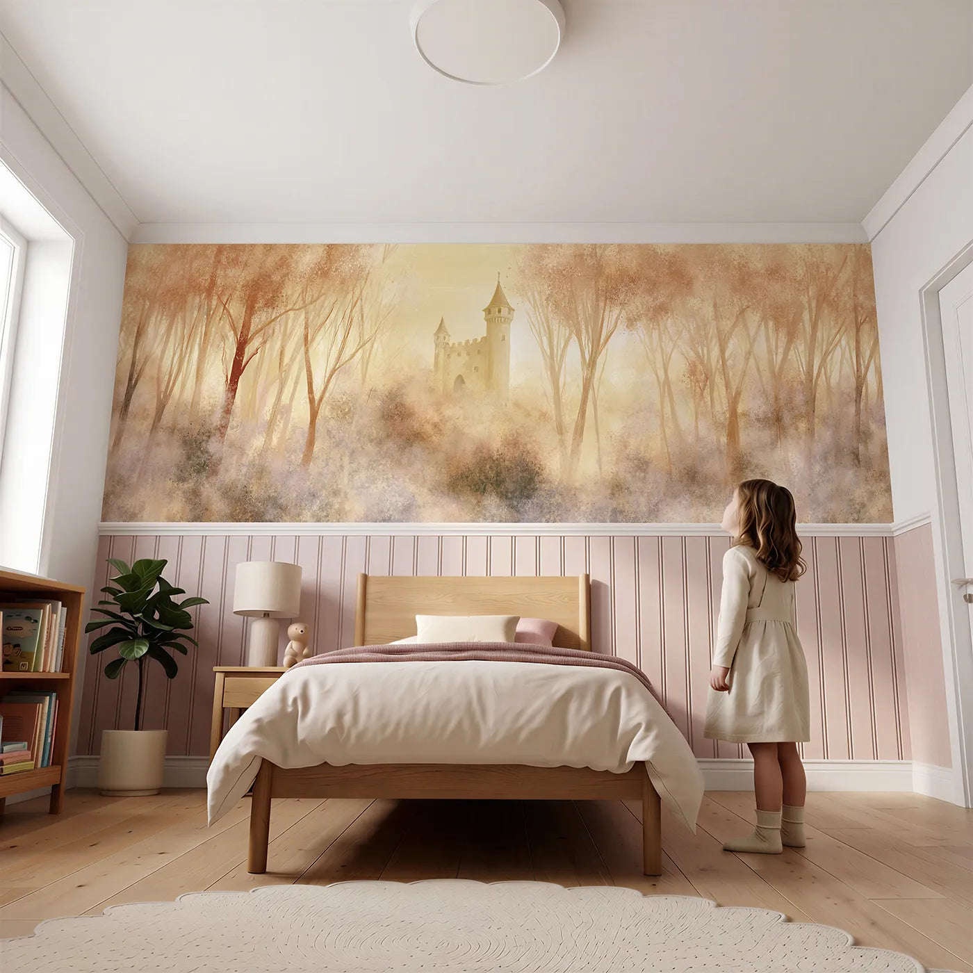 Child reading near The Castle In The Wood Wainscoting Wallpaper by Whimsy Tots