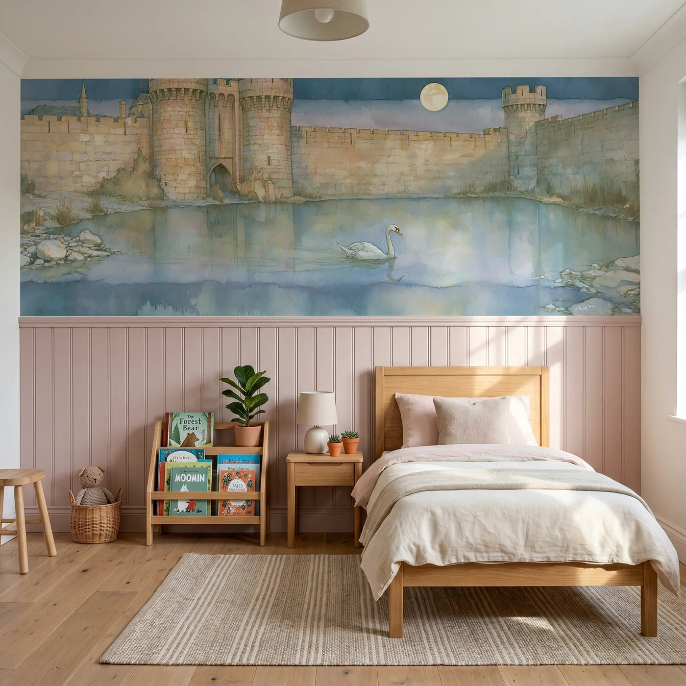 Storybook wainscoting wallpaper of the swan on the moat by Whimsy Tots