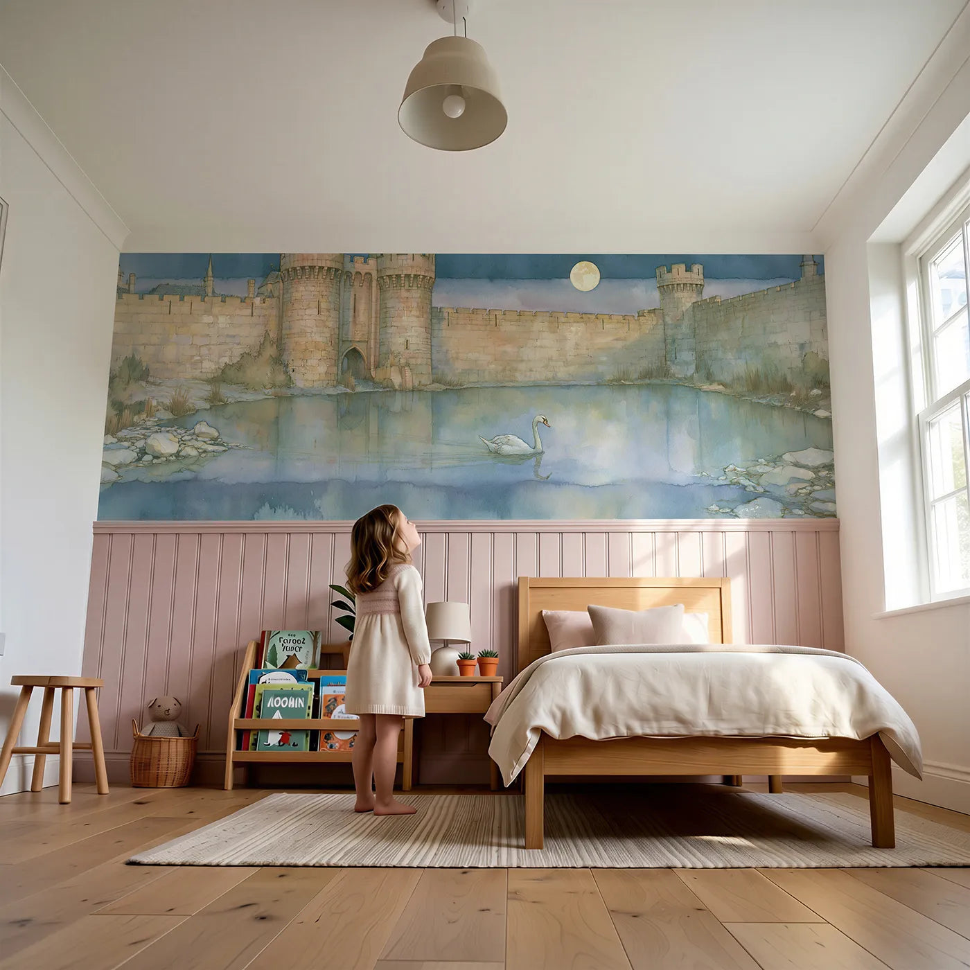 Child reading near The Swan On The Moat Wainscoting Wallpaper by Whimsy Tots