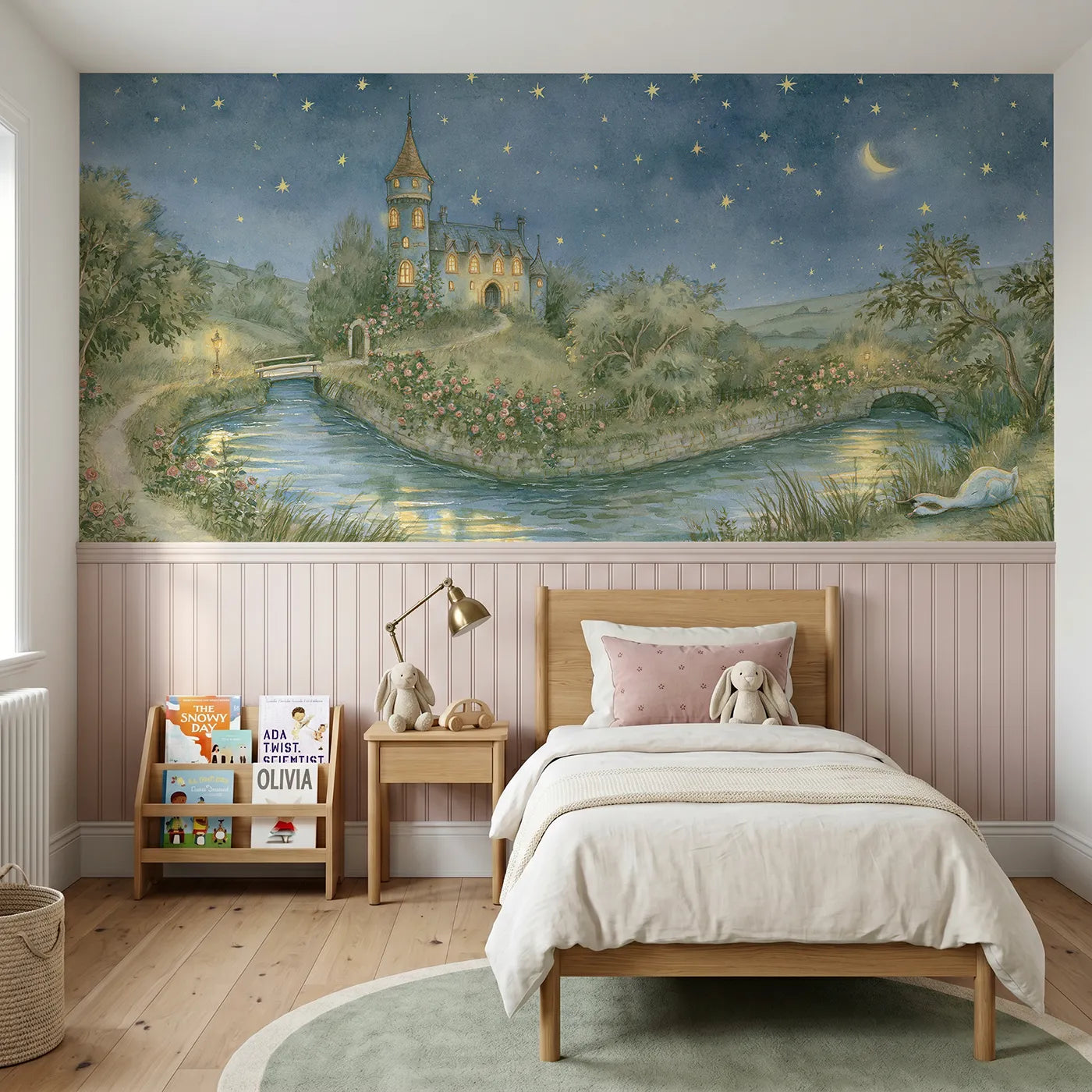 Storybook wainscoting wallpaper of goodnight in the small castle by Whimsy Tots
