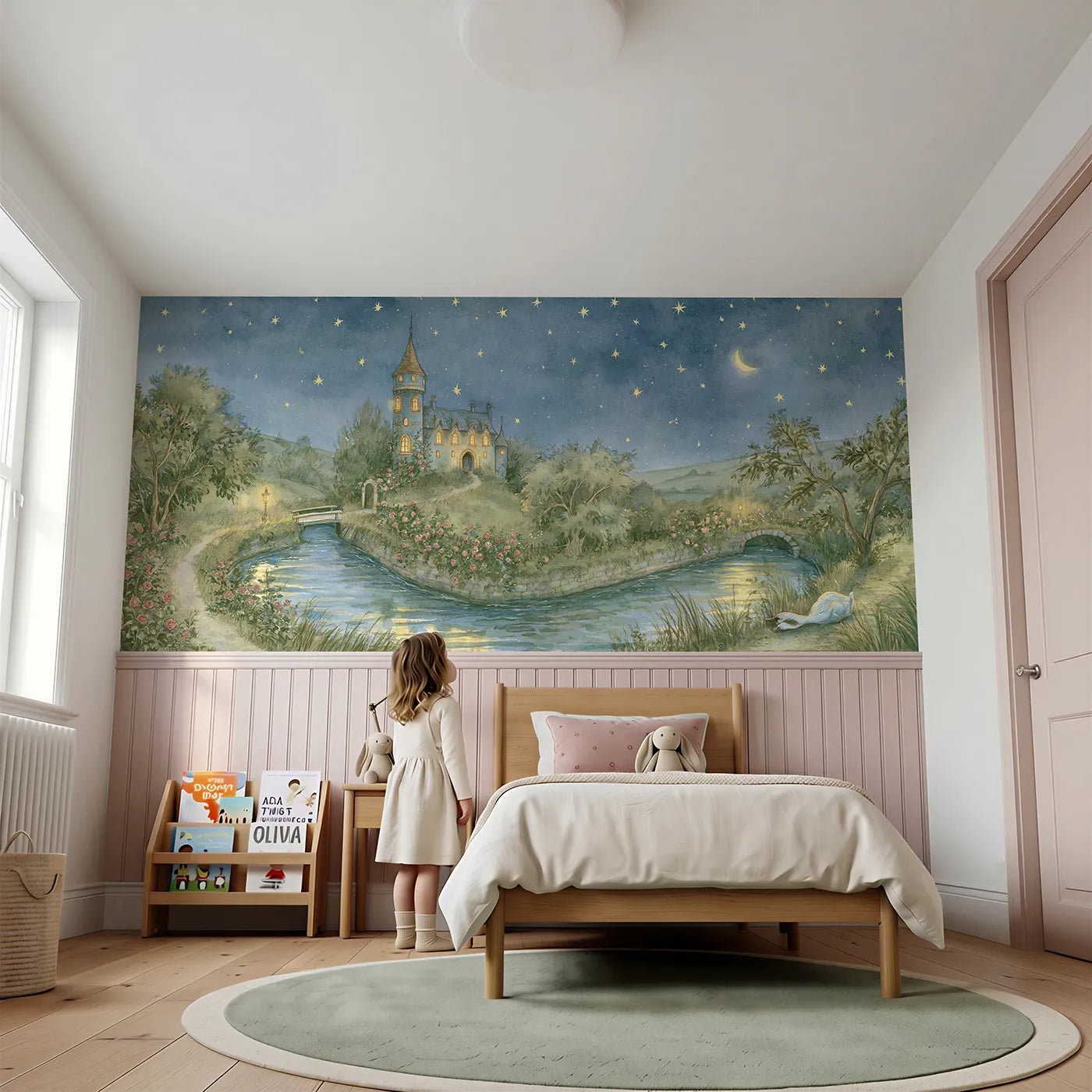 Child reading near Goodnight In The Small Castle Wainscoting Wallpaper by Whimsy Tots