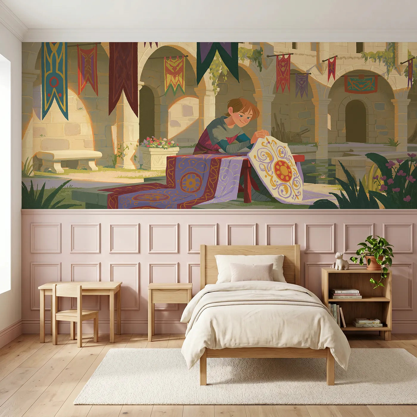 Modern illustration wainscoting wallpaper of the squire and the shield by Whimsy Tots