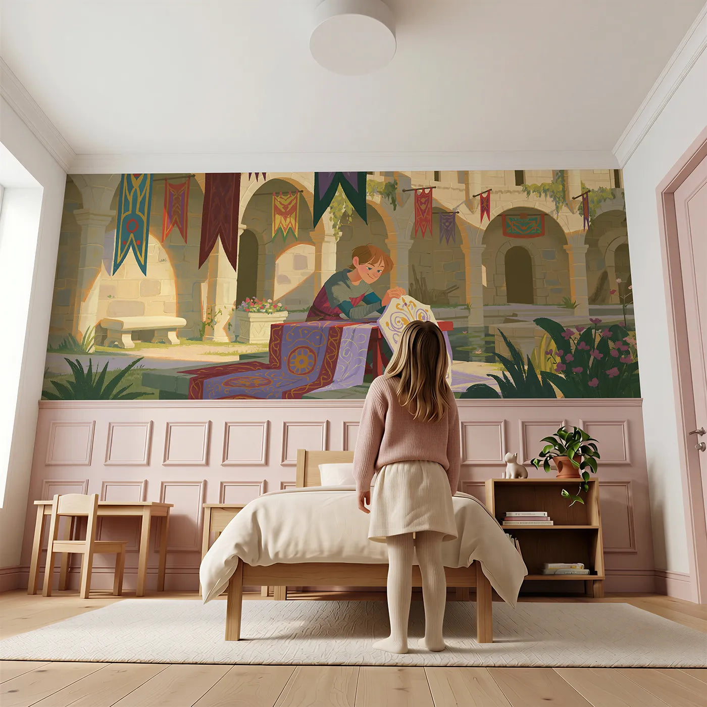 Child reading near The Squire And The Shield Wainscoting Wallpaper by Whimsy Tots