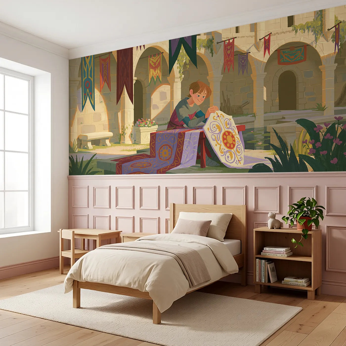 The Squire And The Shield Wainscoting Wallpaper styled in a kids room by Whimsy Tots