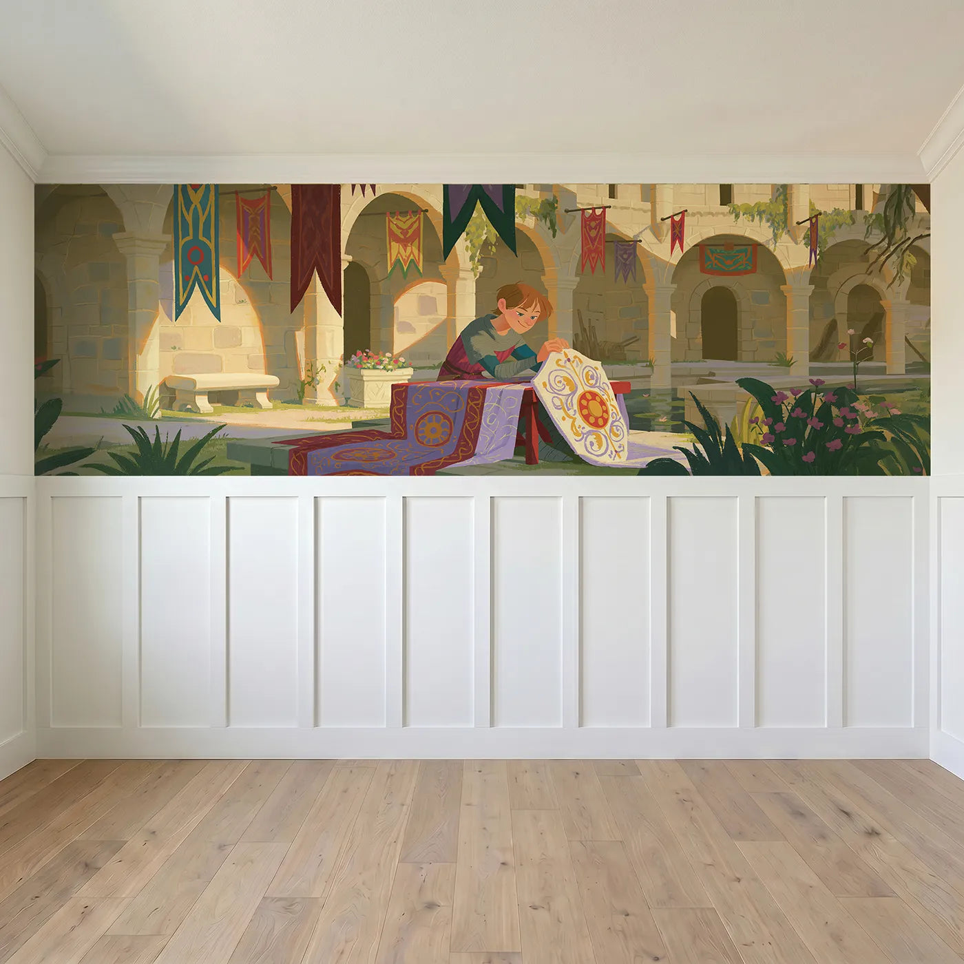 Full panel view of The Squire And The Shield Wainscoting Wallpaper by Whimsy Tots