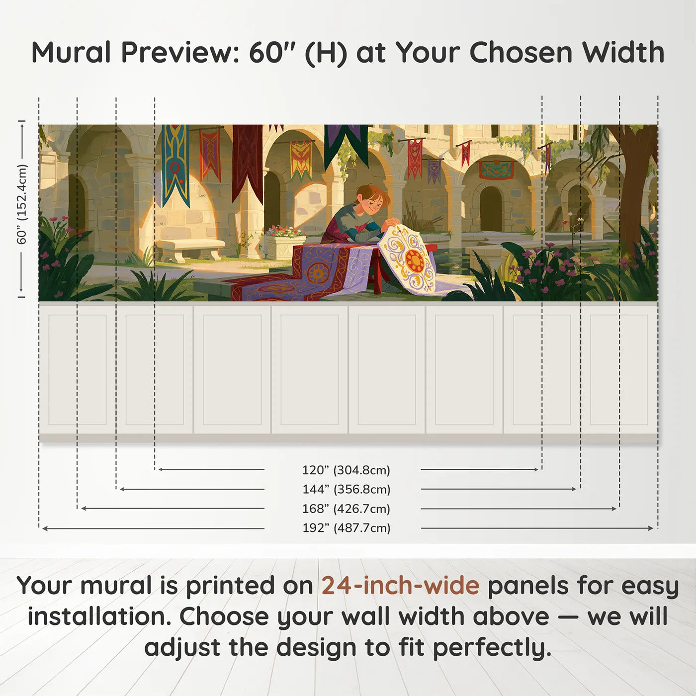 Panel dimensions for The Squire And The Shield Wainscoting Wallpaper by Whimsy Tots