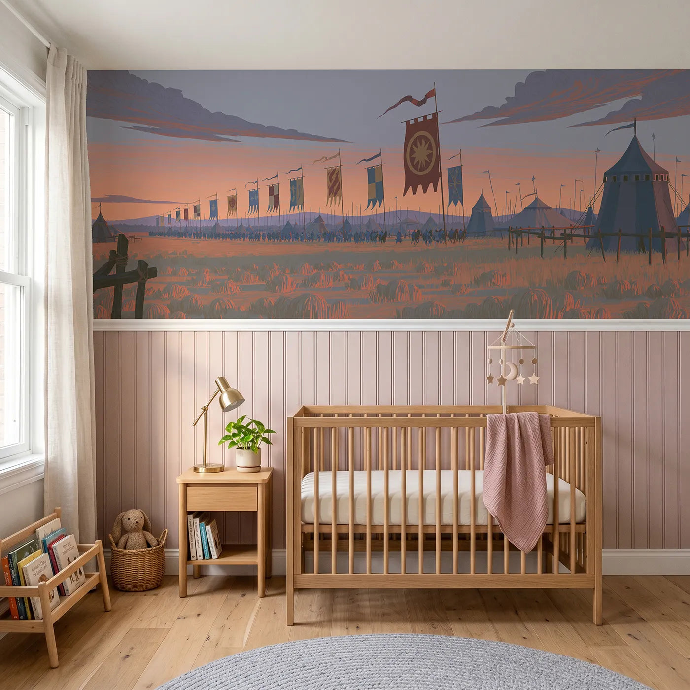 Block print wainscoting wallpaper of the pennant procession by Whimsy Tots
