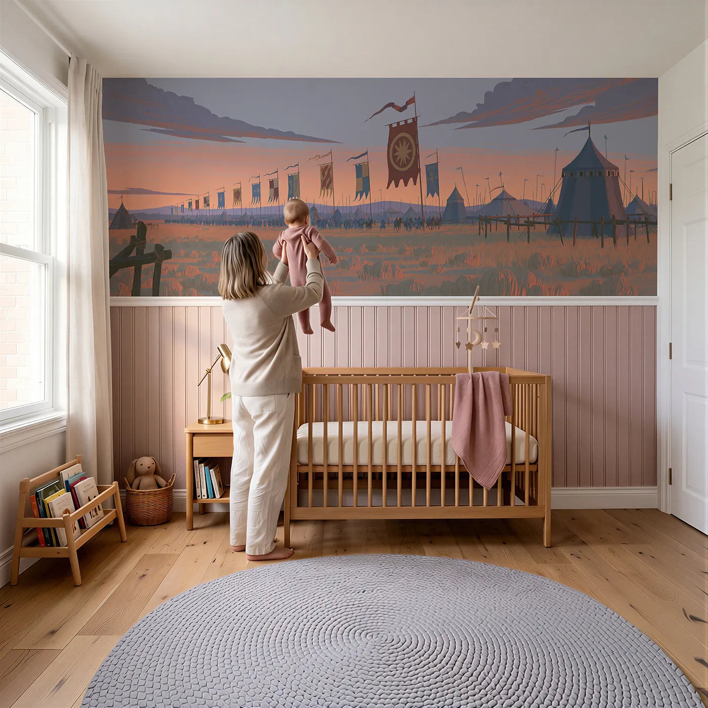 Child reading near The Pennant Procession Wainscoting Wallpaper by Whimsy Tots