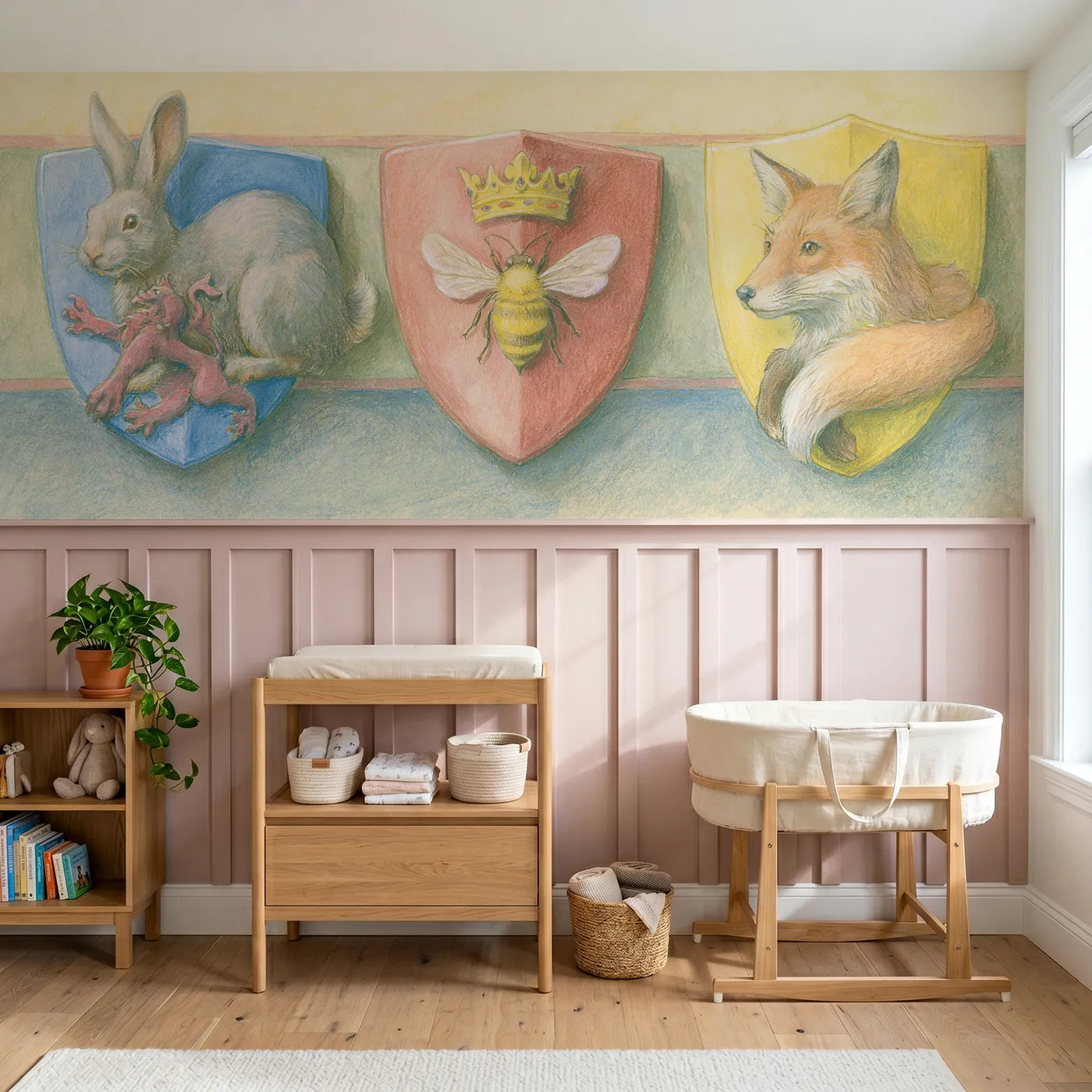 Colored pencil wainscoting wallpaper of device shields in a row by Whimsy Tots