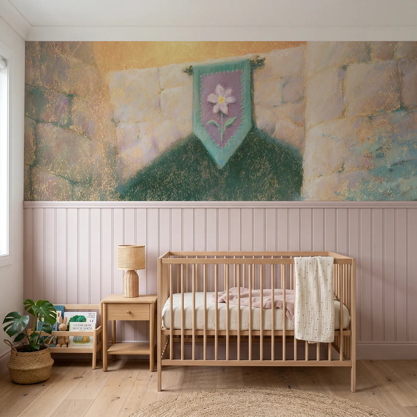 Soft pastel wainscoting wallpaper of the banner with a flower by Whimsy Tots