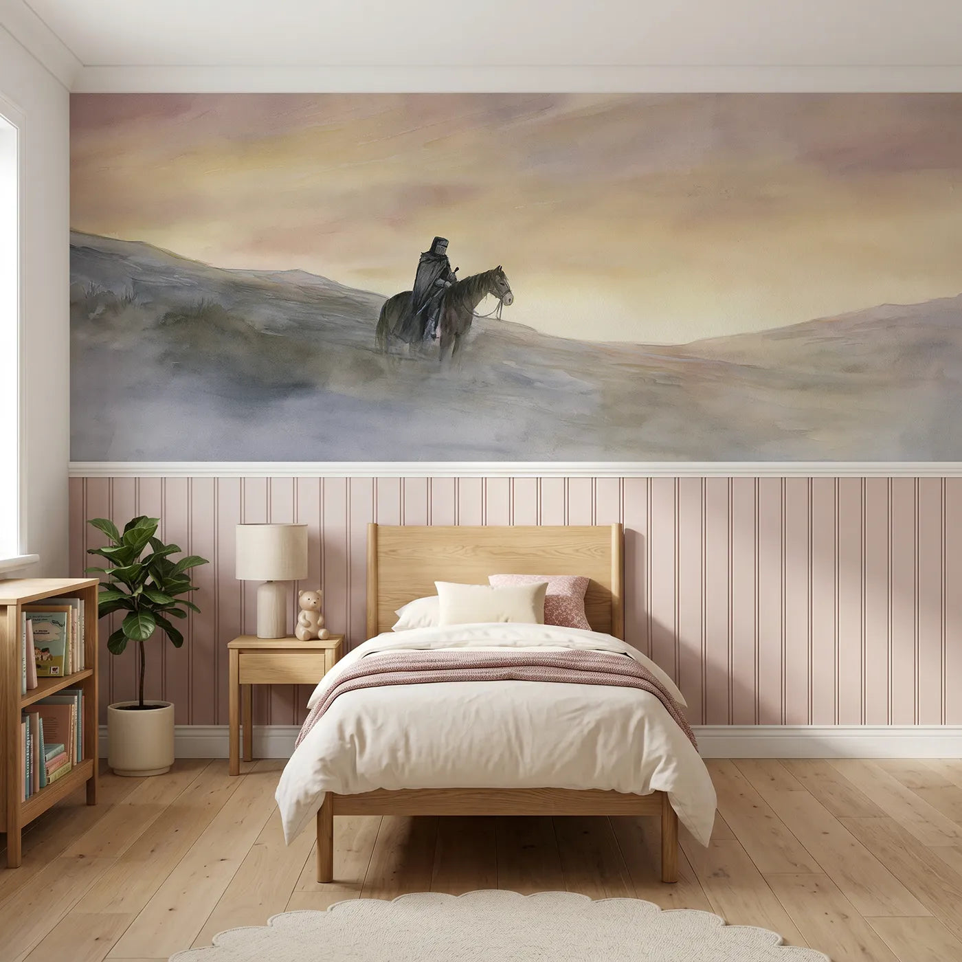 Watercolor wainscoting wallpaper of the knight and horse resting by Whimsy Tots