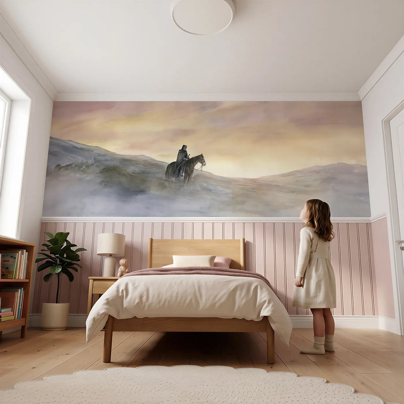 Child reading near Knight And Horse Resting Wainscoting Wallpaper by Whimsy Tots