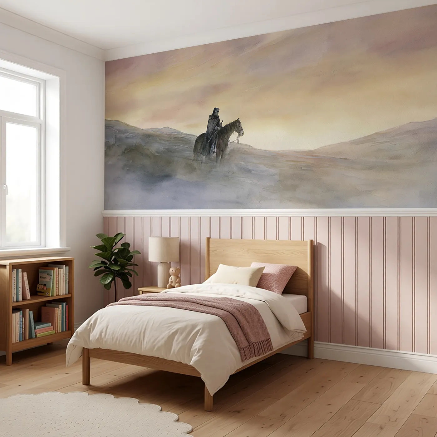 Knight And Horse Resting Wainscoting Wallpaper styled in a kids room by Whimsy Tots