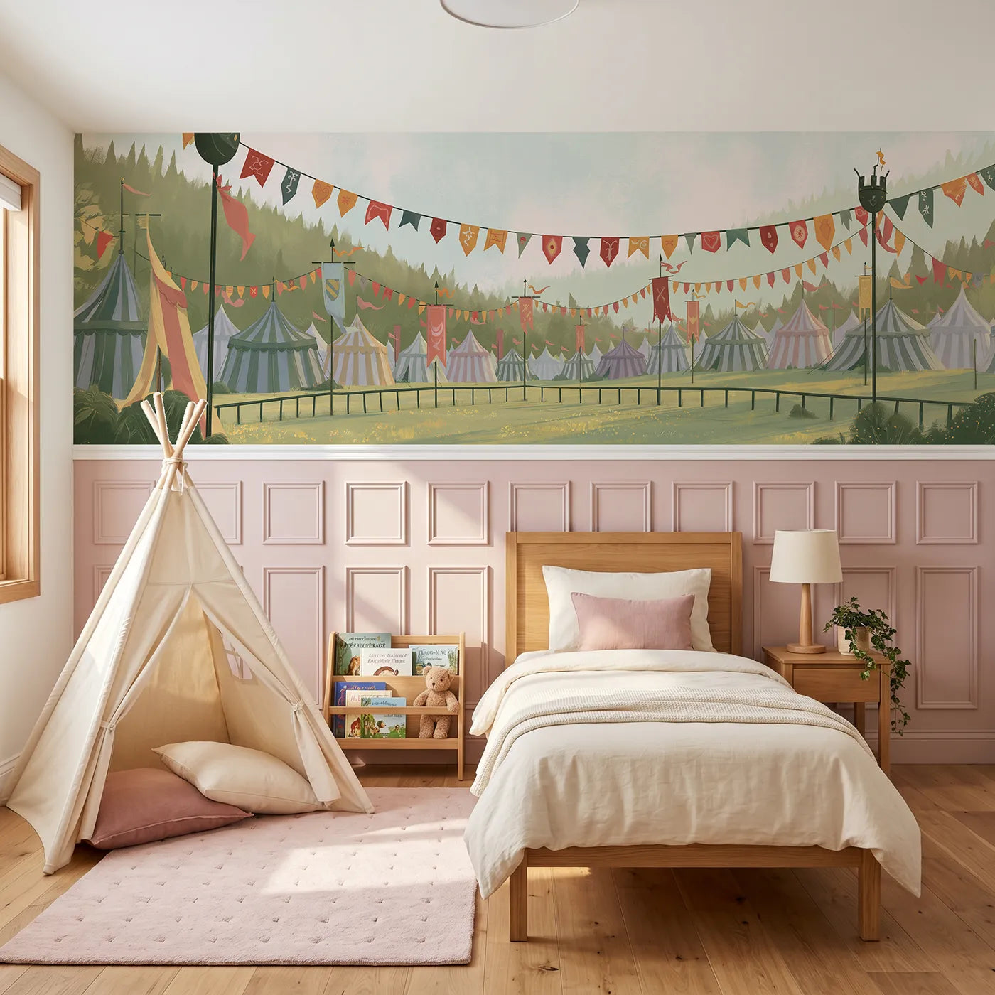 Modern illustration wainscoting wallpaper of the tournament pennants by Whimsy Tots