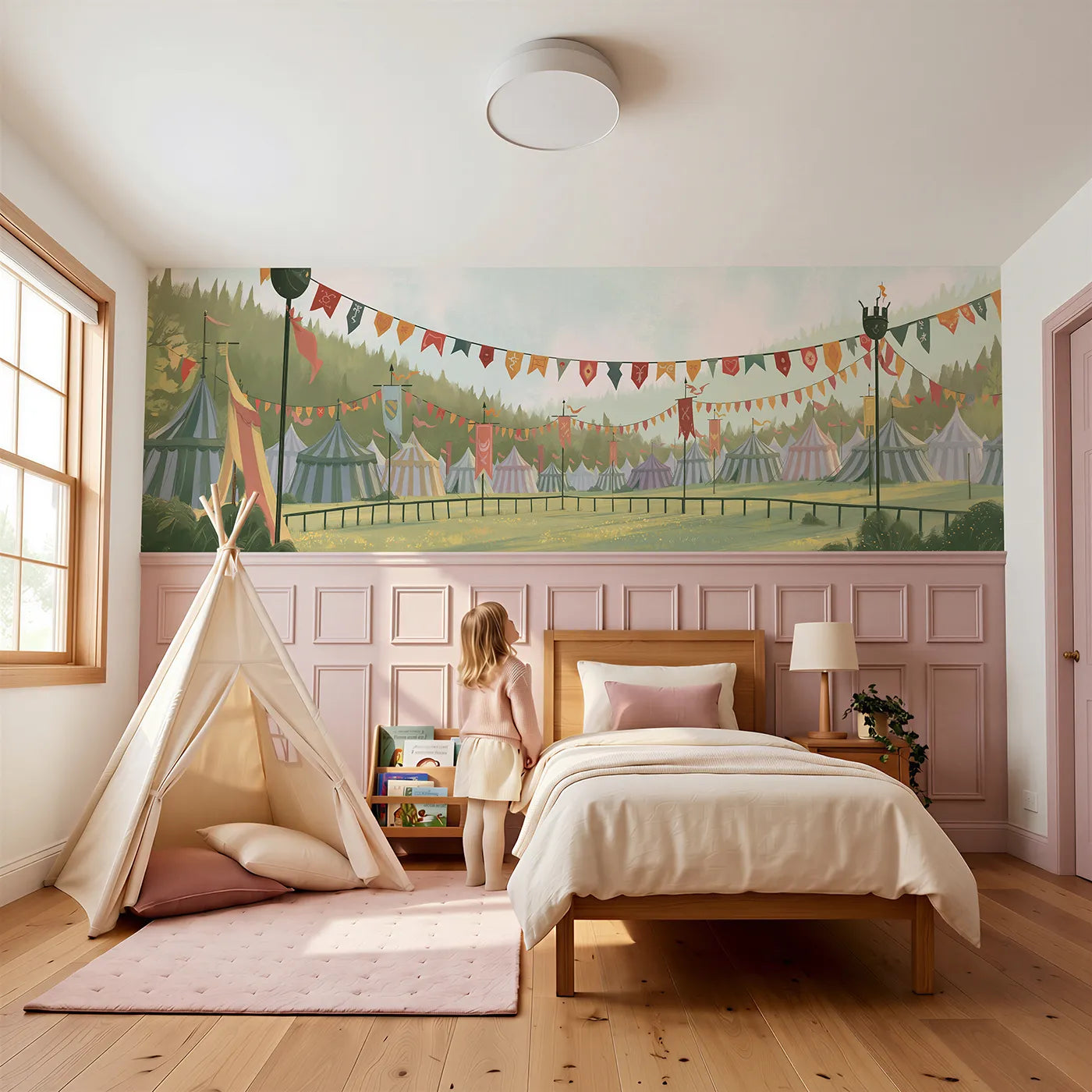 Child reading near The Tournament Pennants Wainscoting Wallpaper by Whimsy Tots