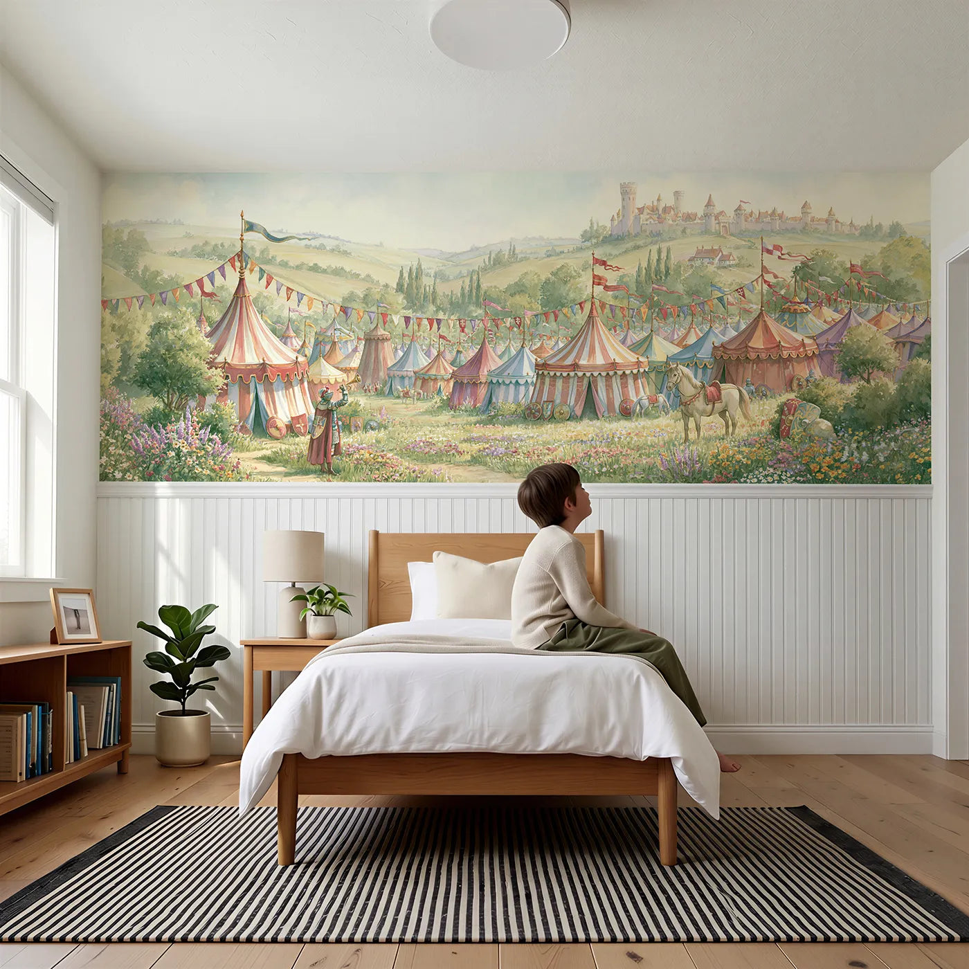 Child reading near The Royal Tournament Wainscoting Wallpaper by Whimsy Tots