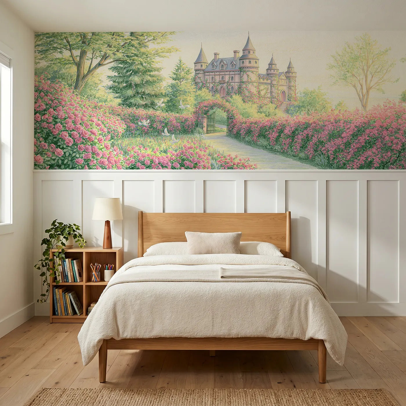 Colored pencil wainscoting wallpaper of the castle in the roses by Whimsy Tots